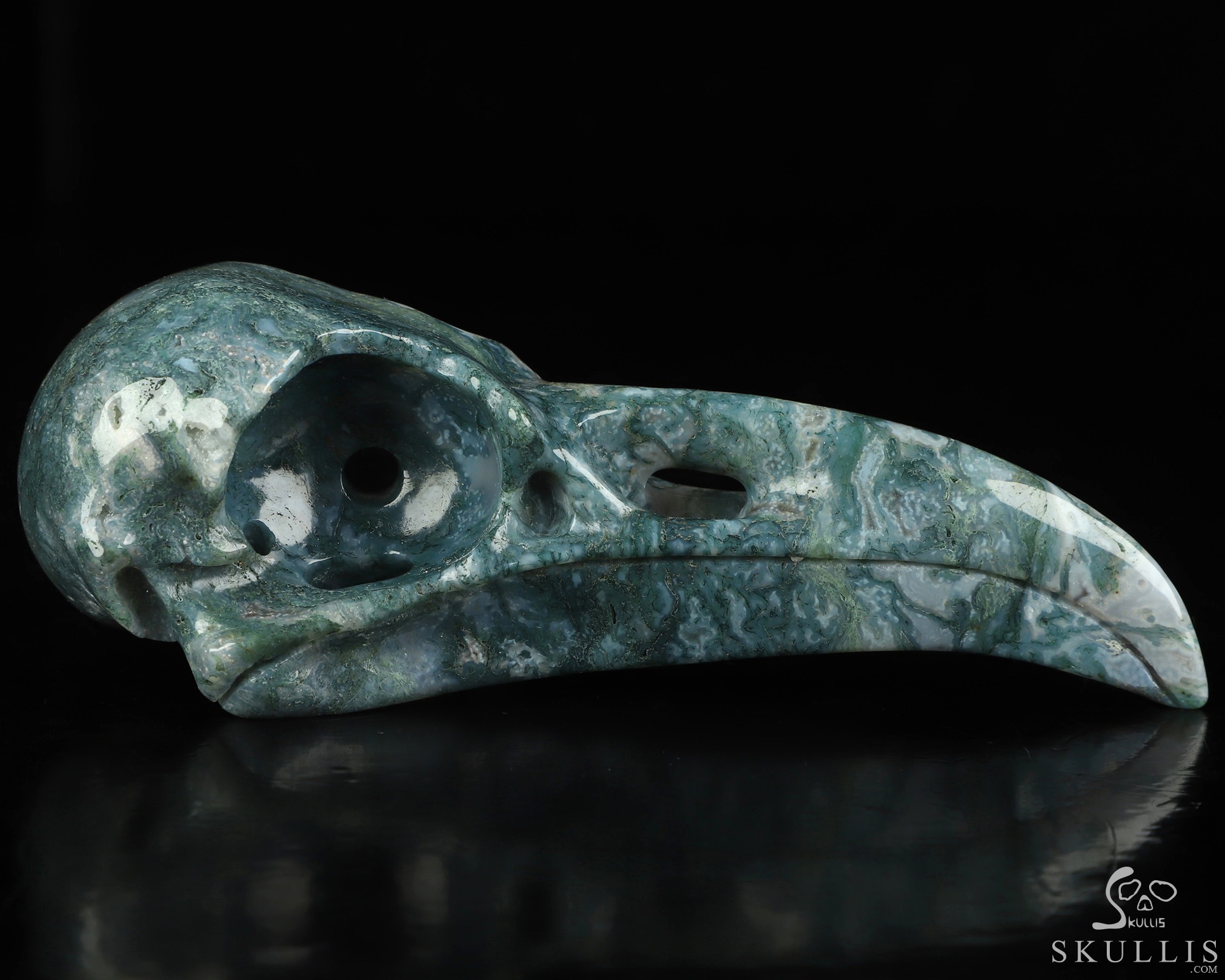 4.9" Green Moss Agate Hand Carved Raven Crystal Skull Sculpture, Crystal Healing 4.9" Green Moss Agate Hand Carved Raven Crystal Skull Sculpture, Crystal Healing
