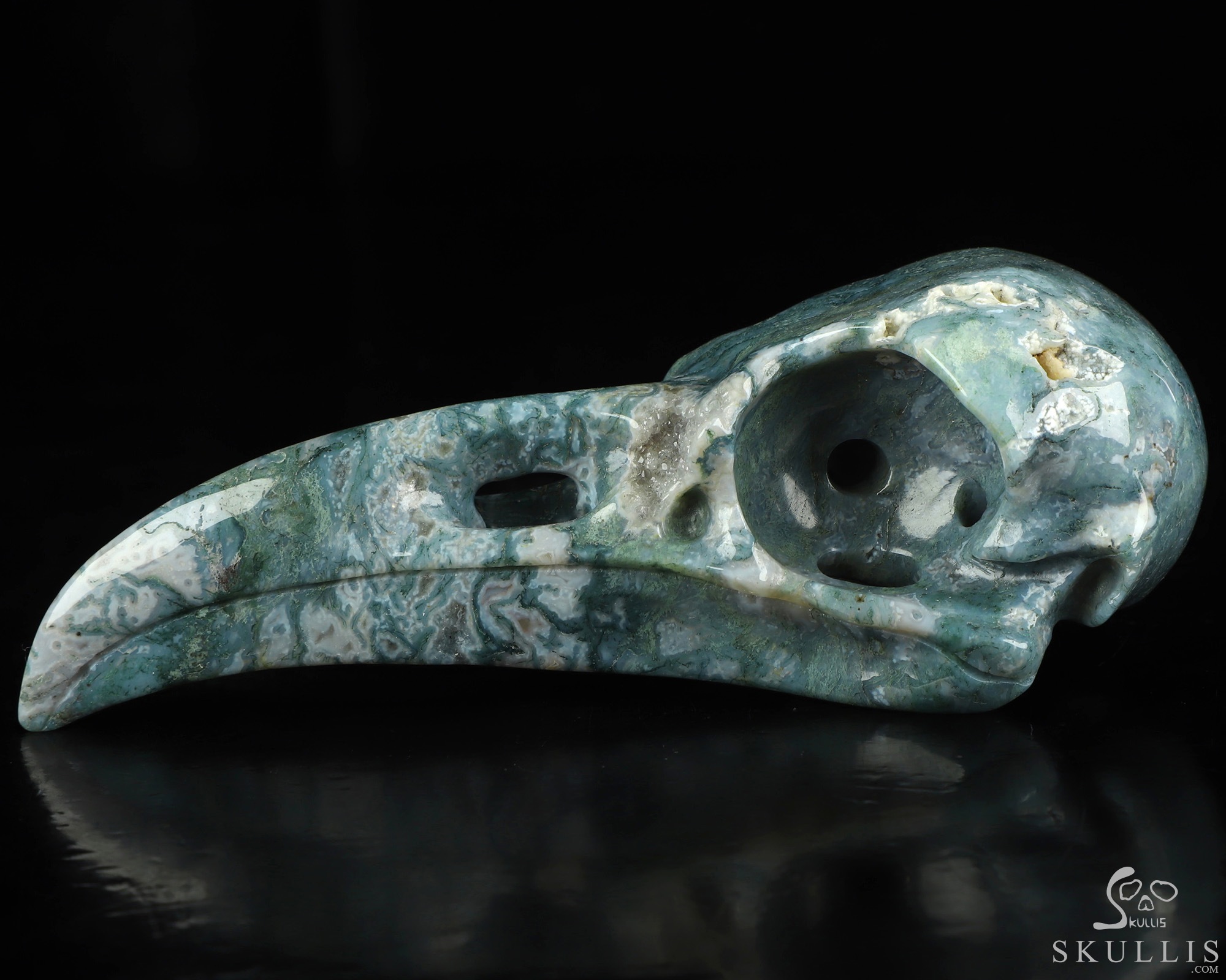 4.9" Green Moss Agate Hand Carved Raven Crystal Skull Sculpture, Crystal Healing 4.9" Green Moss Agate Hand Carved Raven Crystal Skull Sculpture, Crystal Healing