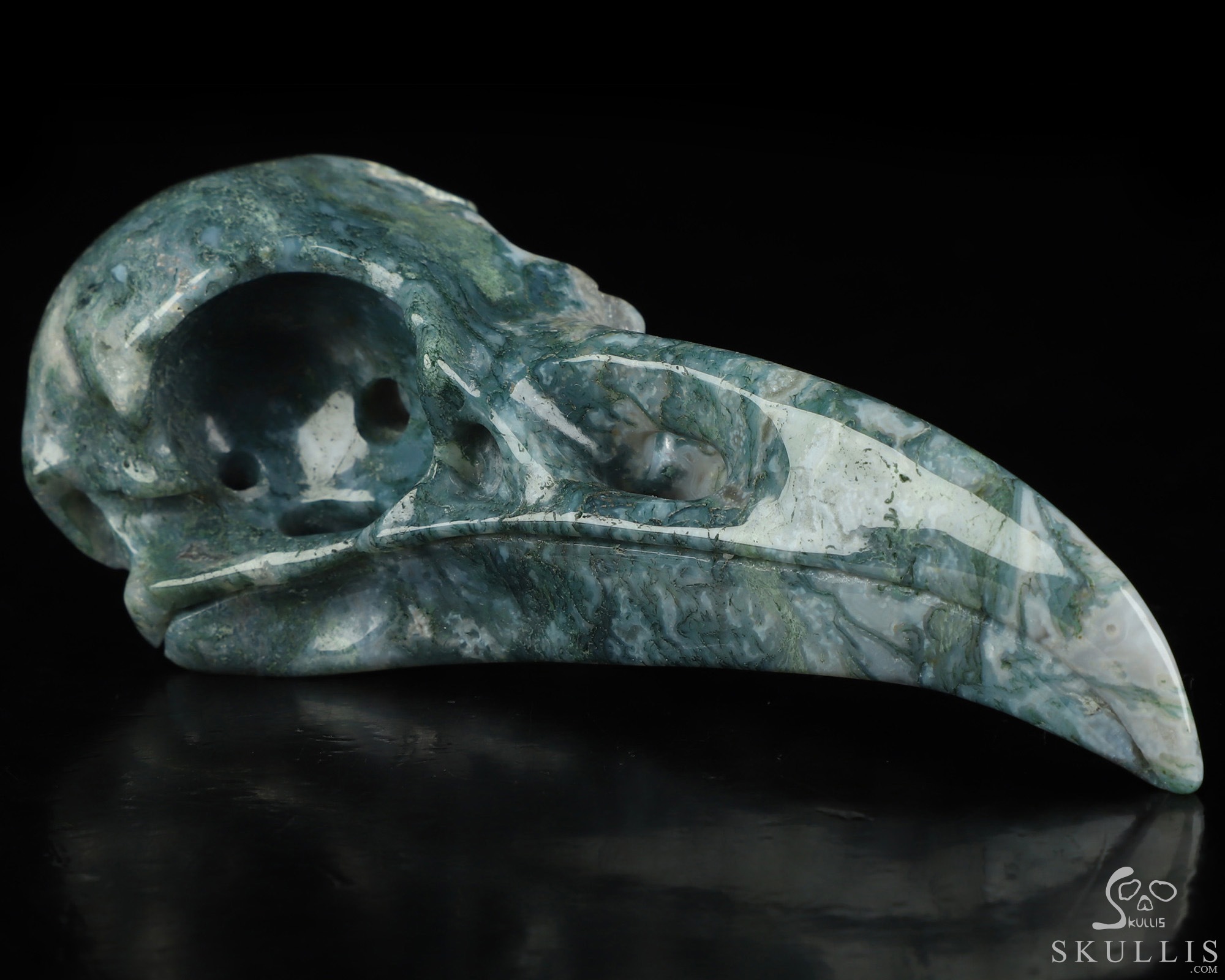 4.9" Green Moss Agate Hand Carved Raven Crystal Skull Sculpture, Crystal Healing 4.9" Green Moss Agate Hand Carved Raven Crystal Skull Sculpture, Crystal Healing