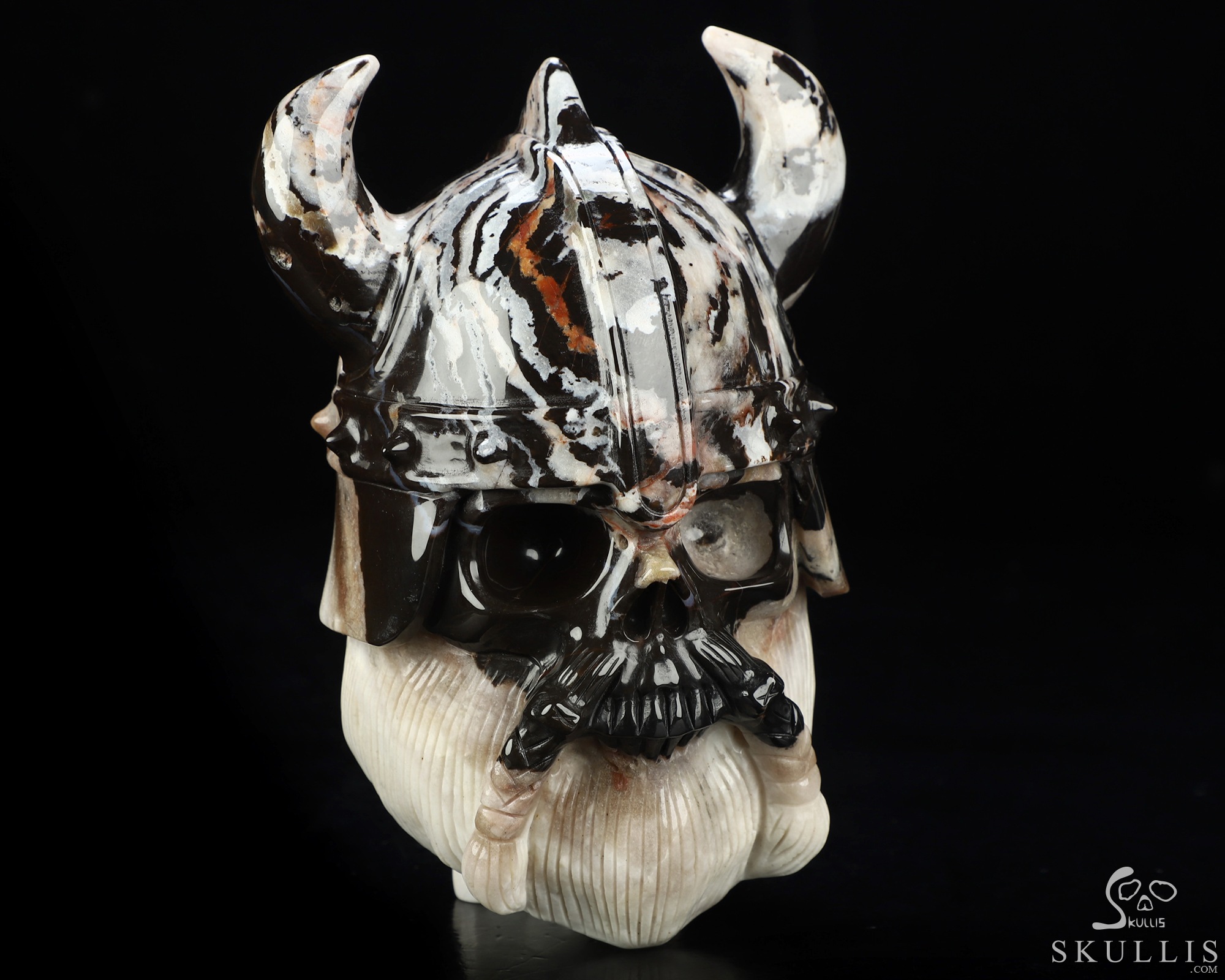 Viking Skull, 7.0" Black Zebra Agate Hand Carved Crystal Skull Fine Art Sculpture, Crystal Healing Viking Skull, 7.0" Black Zebra Agate Hand Carved Crystal Skull Fine Art Sculpture, Crystal Healing