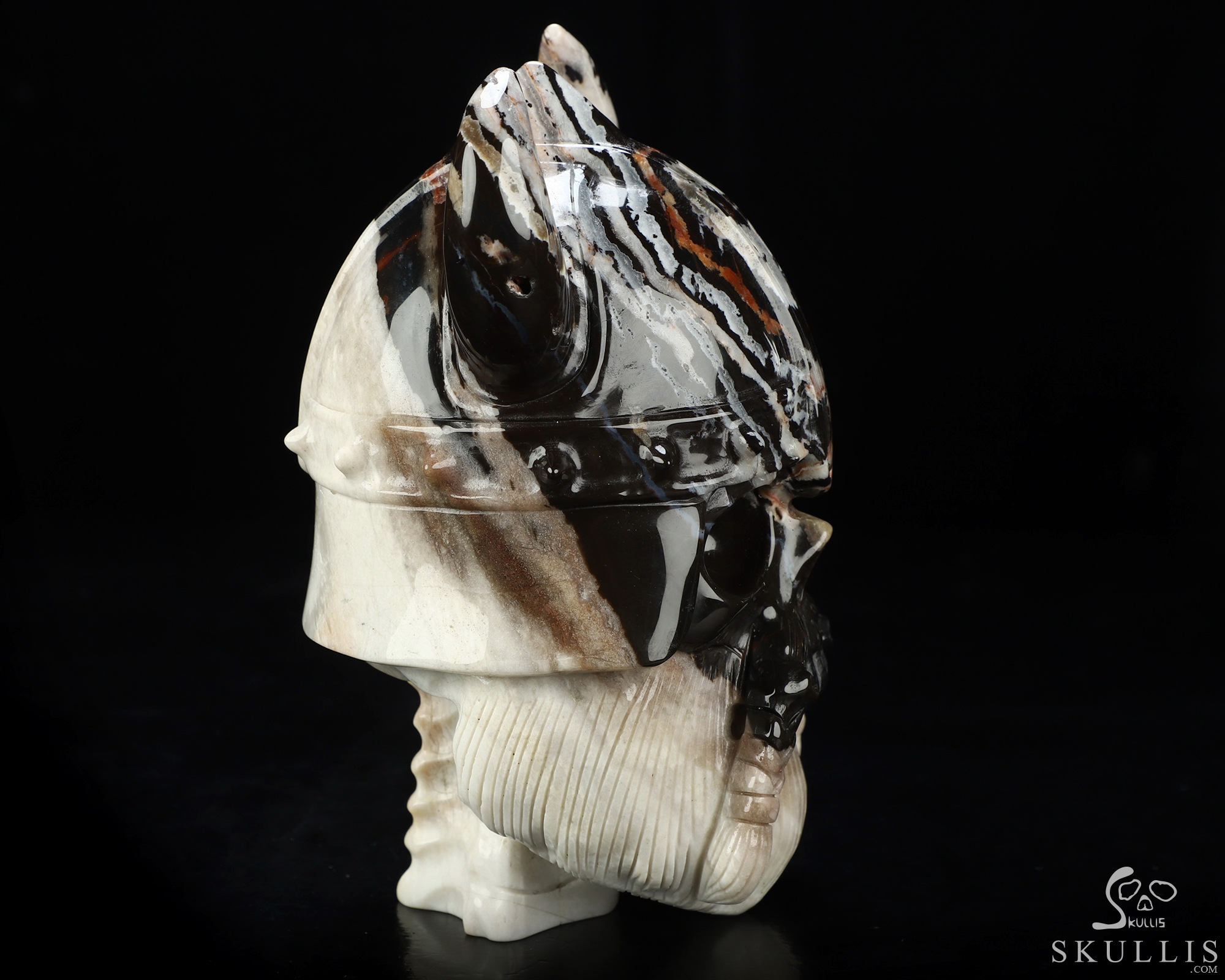 Viking Skull, 7.0" Black Zebra Agate Hand Carved Crystal Skull Fine Art Sculpture, Crystal Healing Viking Skull, 7.0" Black Zebra Agate Hand Carved Crystal Skull Fine Art Sculpture, Crystal Healing