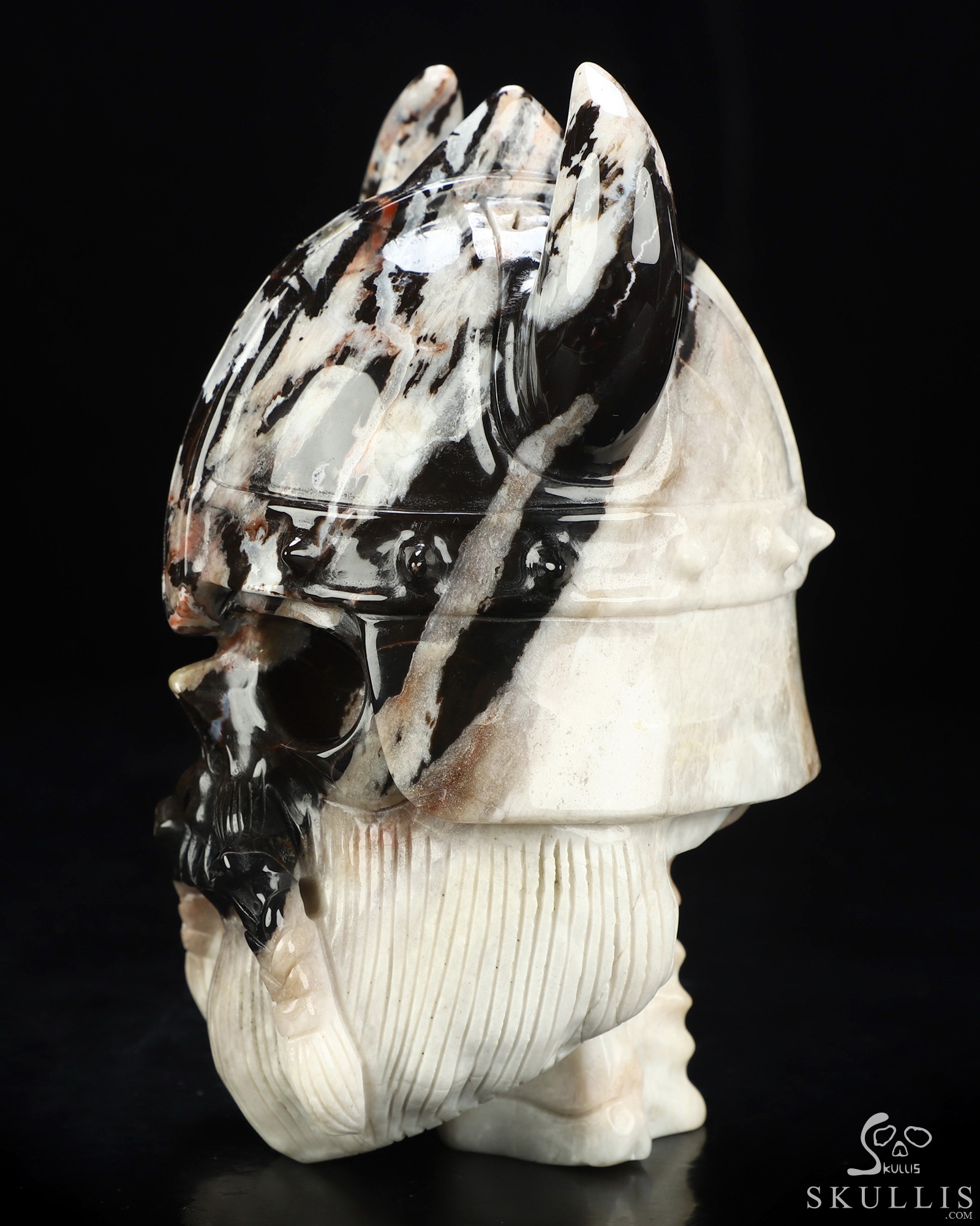 Viking Skull, 7.0" Black Zebra Agate Hand Carved Crystal Skull Fine Art Sculpture, Crystal Healing Viking Skull, 7.0" Black Zebra Agate Hand Carved Crystal Skull Fine Art Sculpture, Crystal Healing