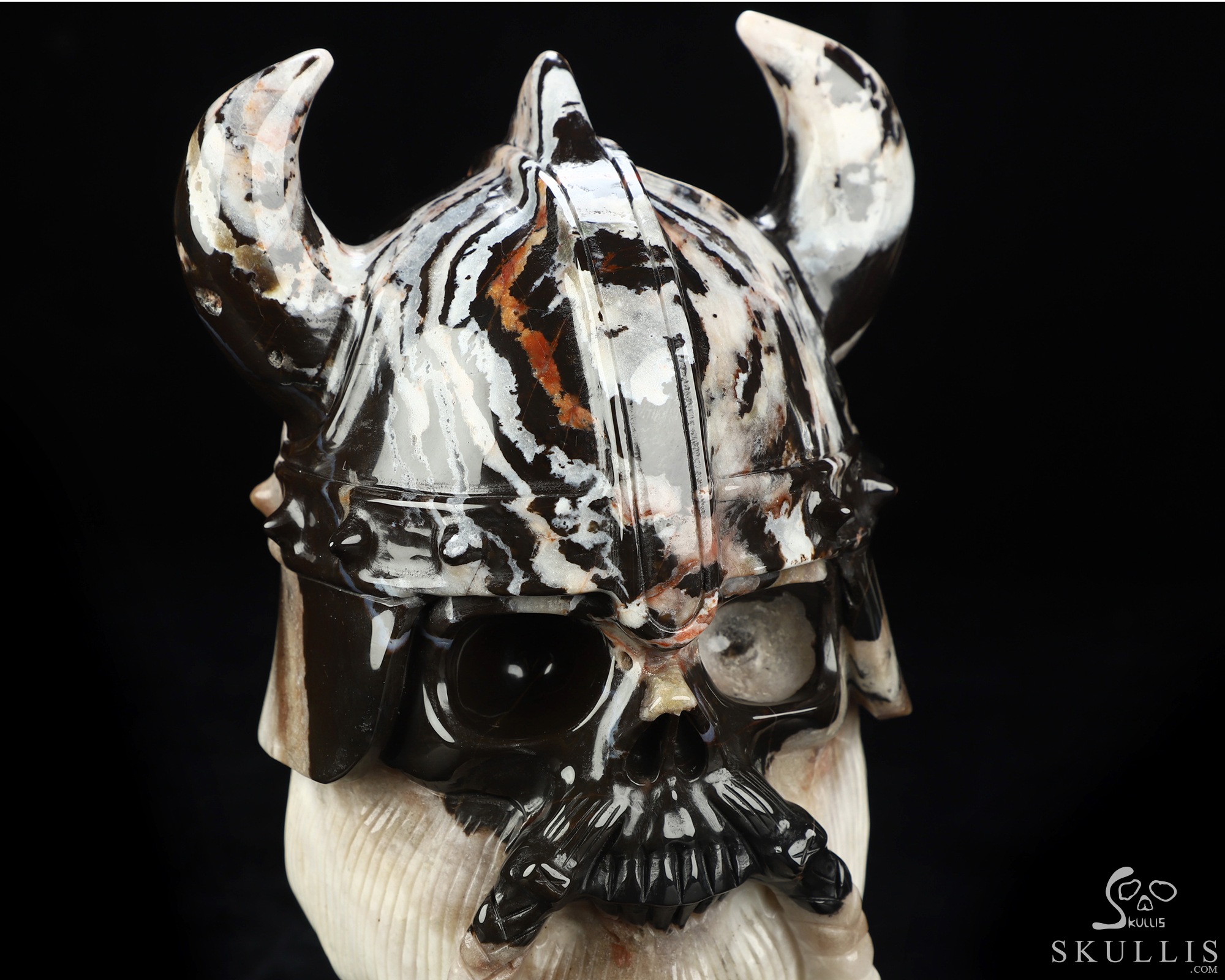 Viking Skull, 7.0" Black Zebra Agate Hand Carved Crystal Skull Fine Art Sculpture, Crystal Healing Viking Skull, 7.0" Black Zebra Agate Hand Carved Crystal Skull Fine Art Sculpture, Crystal Healing