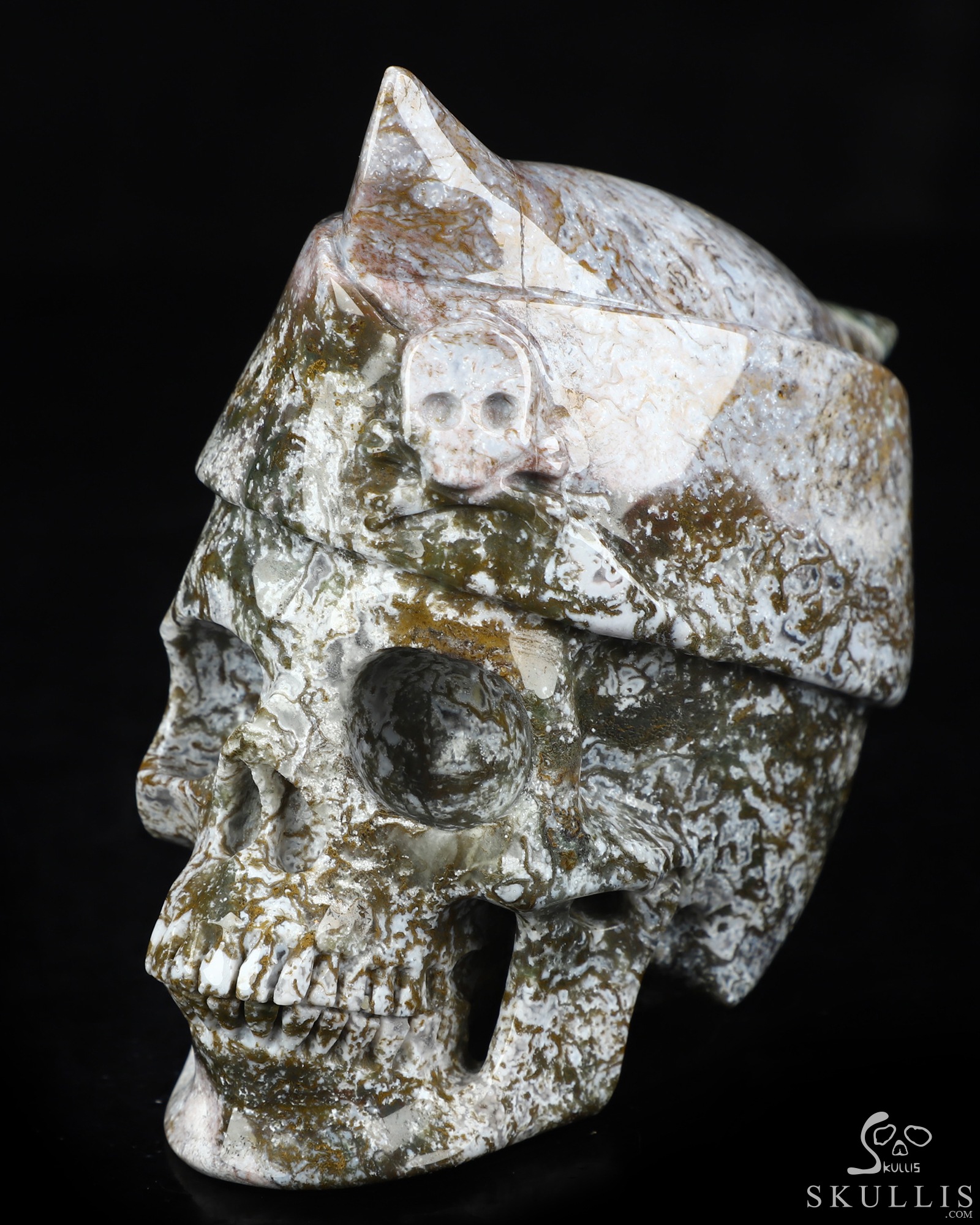 5.0" Green Moss Agate Hand Carved Crystal Skull and Navy Cap Fine Art Sculpture, Crystal Healing 5.0" Green Moss Agate Hand Carved Crystal Skull and Navy Cap Fine Art Sculpture, Crystal Healing
