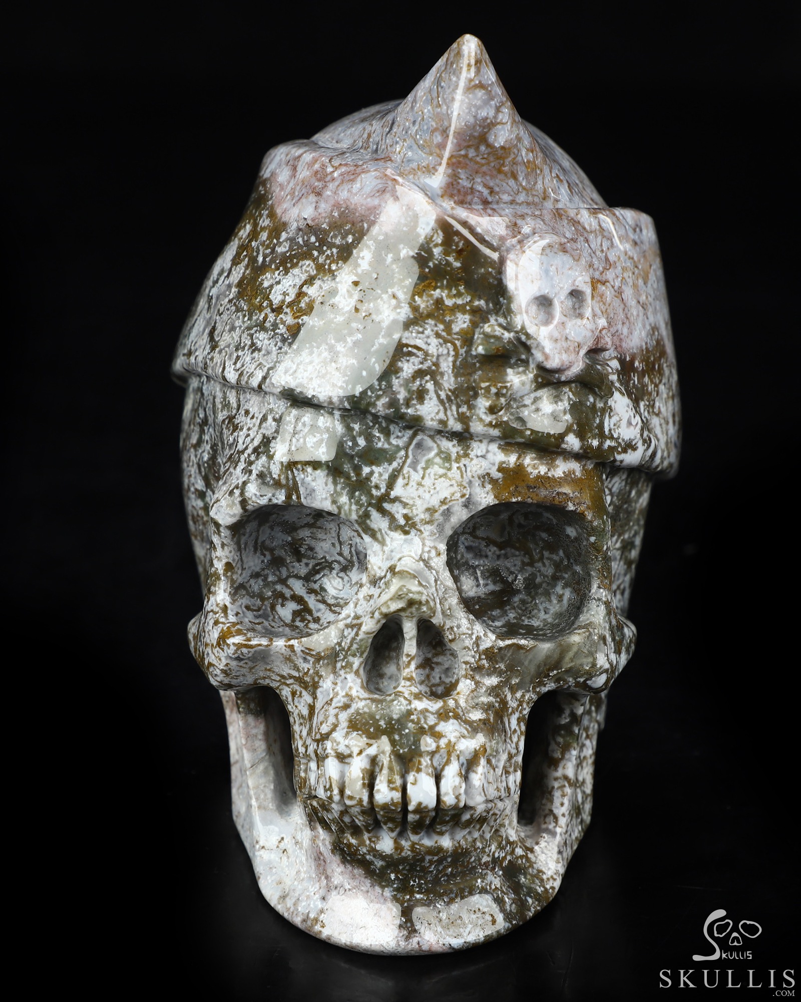 5.0" Green Moss Agate Hand Carved Crystal Skull and Navy Cap Fine Art Sculpture, Crystal Healing 5.0" Green Moss Agate Hand Carved Crystal Skull and Navy Cap Fine Art Sculpture, Crystal Healing