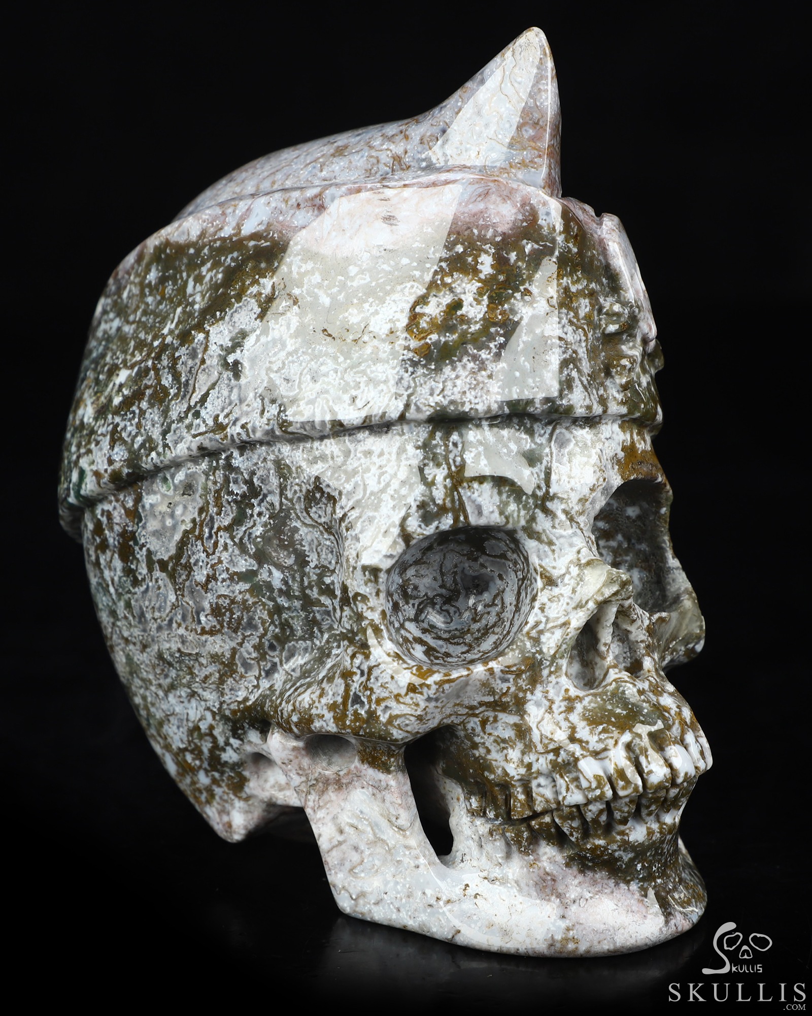 5.0" Green Moss Agate Hand Carved Crystal Skull and Navy Cap Fine Art Sculpture, Crystal Healing 5.0" Green Moss Agate Hand Carved Crystal Skull and Navy Cap Fine Art Sculpture, Crystal Healing