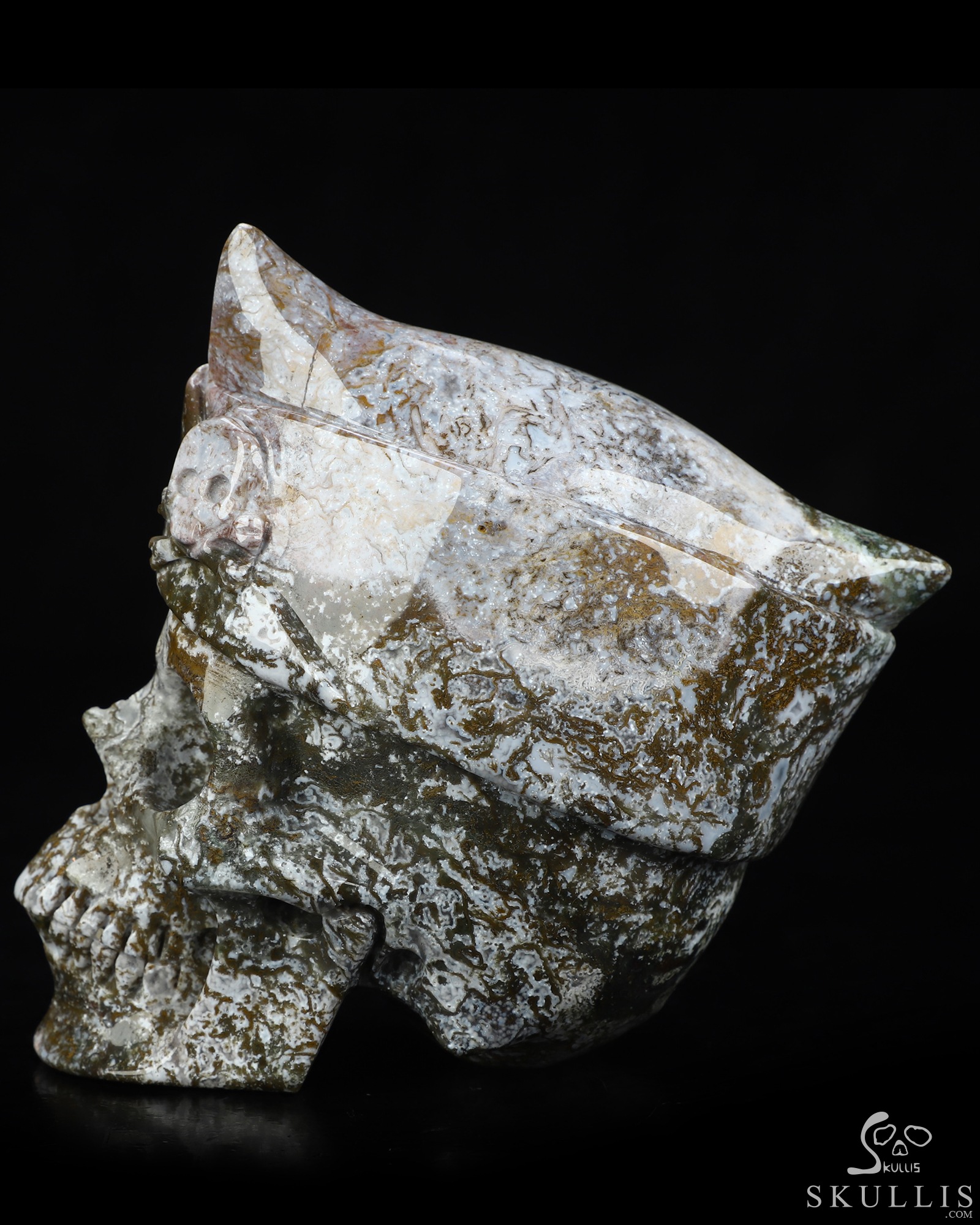 5.0" Green Moss Agate Hand Carved Crystal Skull and Navy Cap Fine Art Sculpture, Crystal Healing 5.0" Green Moss Agate Hand Carved Crystal Skull and Navy Cap Fine Art Sculpture, Crystal Healing