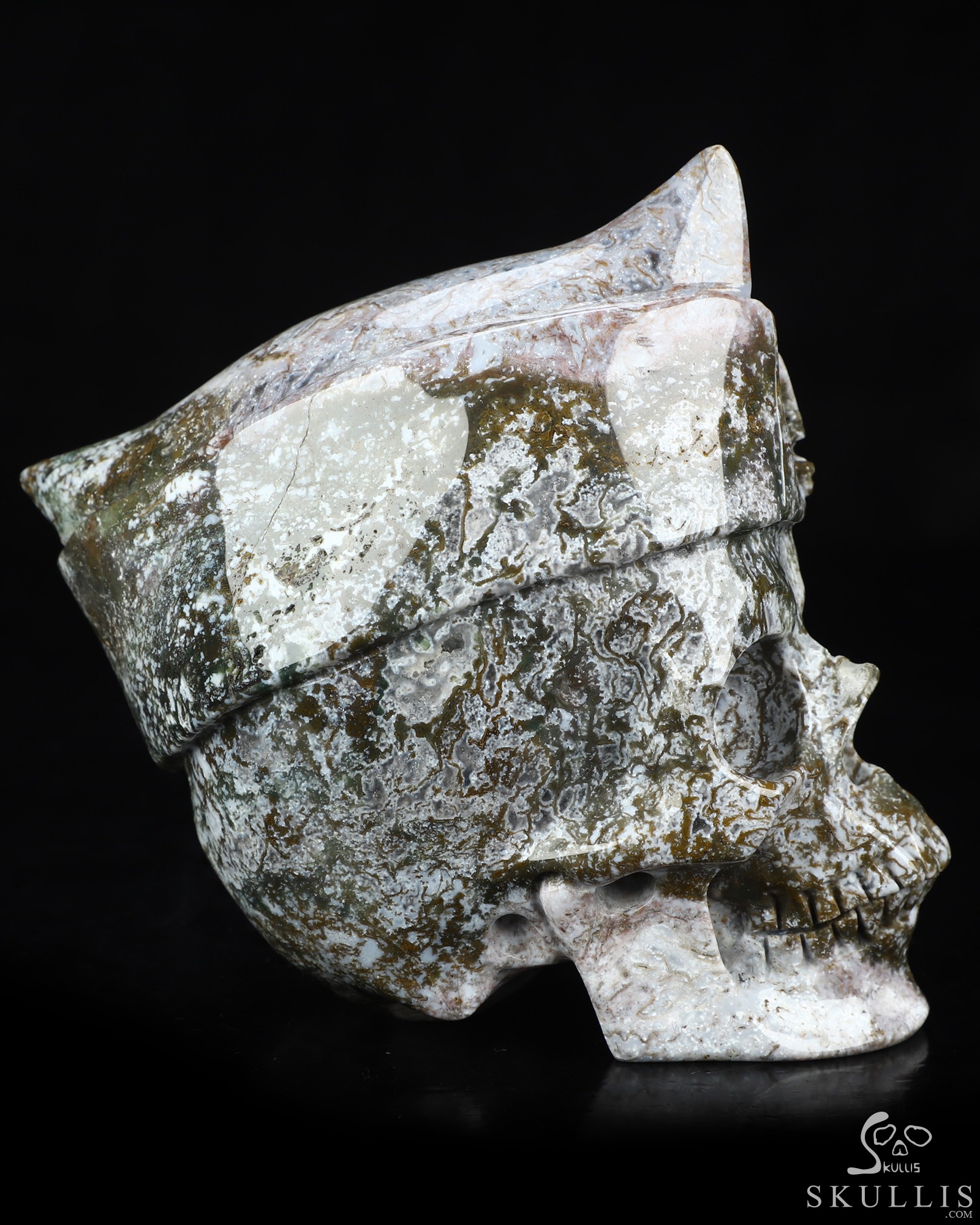 5.0" Green Moss Agate Hand Carved Crystal Skull and Navy Cap Fine Art Sculpture, Crystal Healing 5.0" Green Moss Agate Hand Carved Crystal Skull and Navy Cap Fine Art Sculpture, Crystal Healing