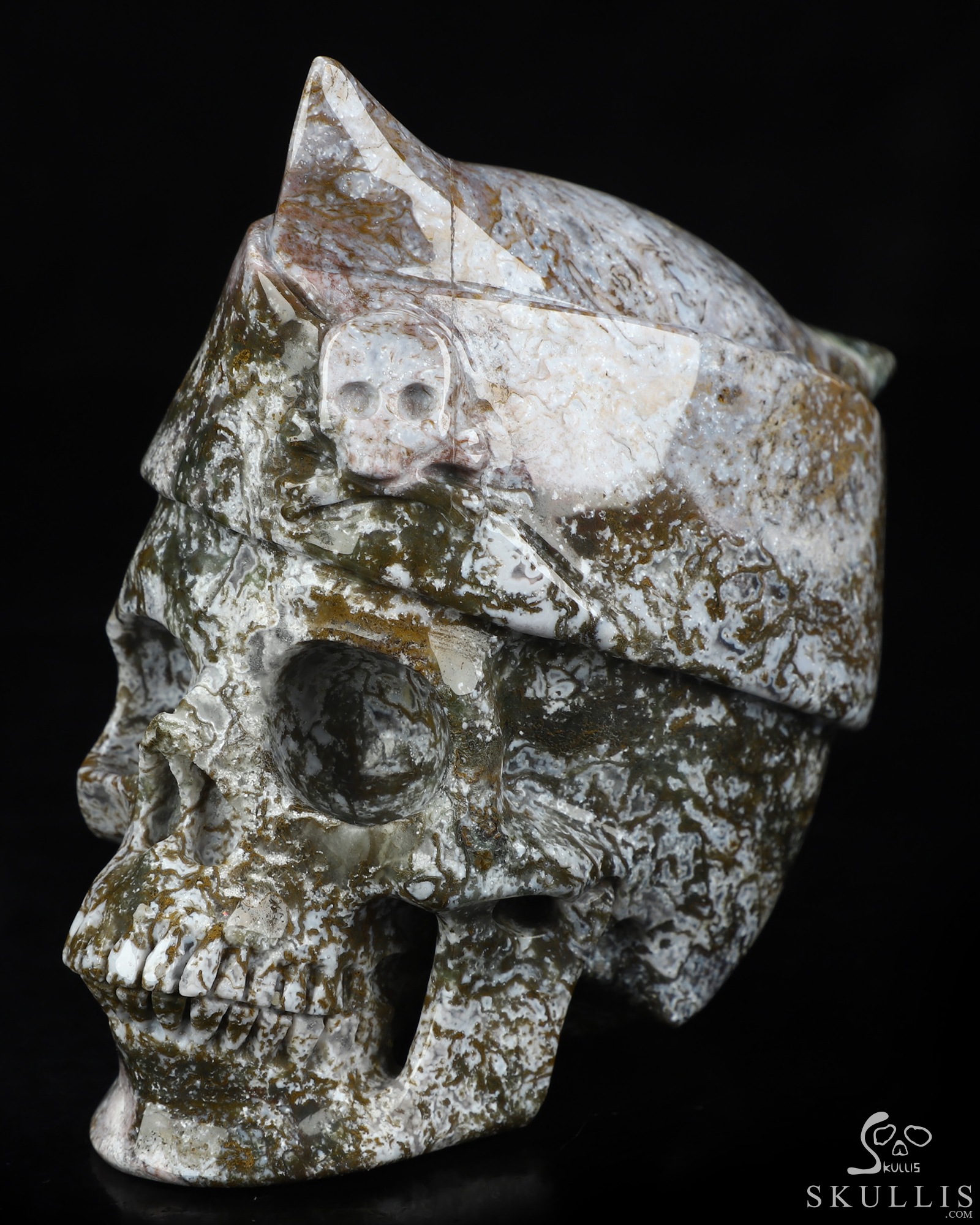 5.0" Green Moss Agate Hand Carved Crystal Skull and Navy Cap Fine Art Sculpture, Crystal Healing 5.0" Green Moss Agate Hand Carved Crystal Skull and Navy Cap Fine Art Sculpture, Crystal Healing