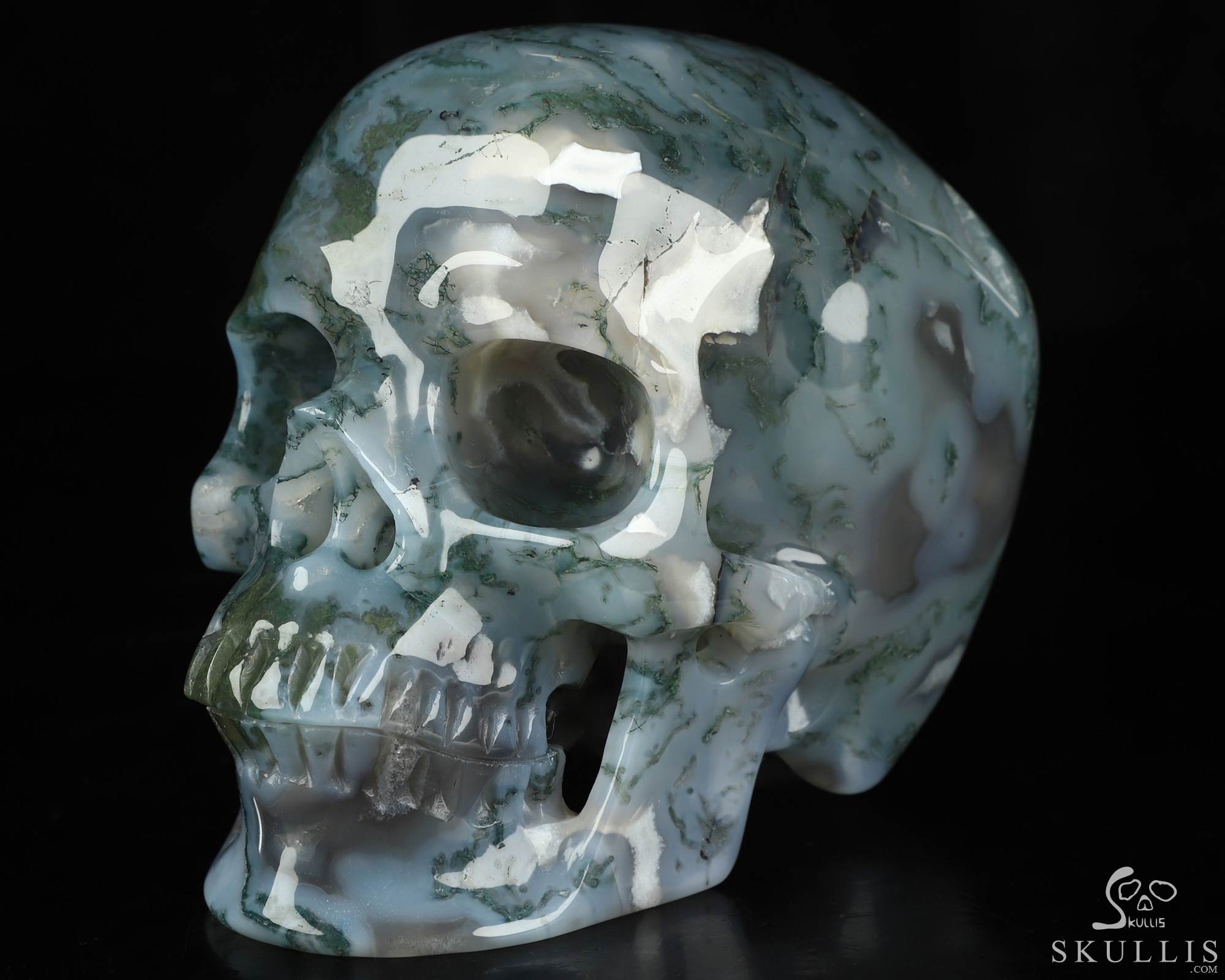 5.1" Green Moss Agate Hand Carved Crystal Skull, Super Realistic, Crystal Healing 5.1" Green Moss Agate Hand Carved Crystal Skull, Super Realistic, Crystal Healing
