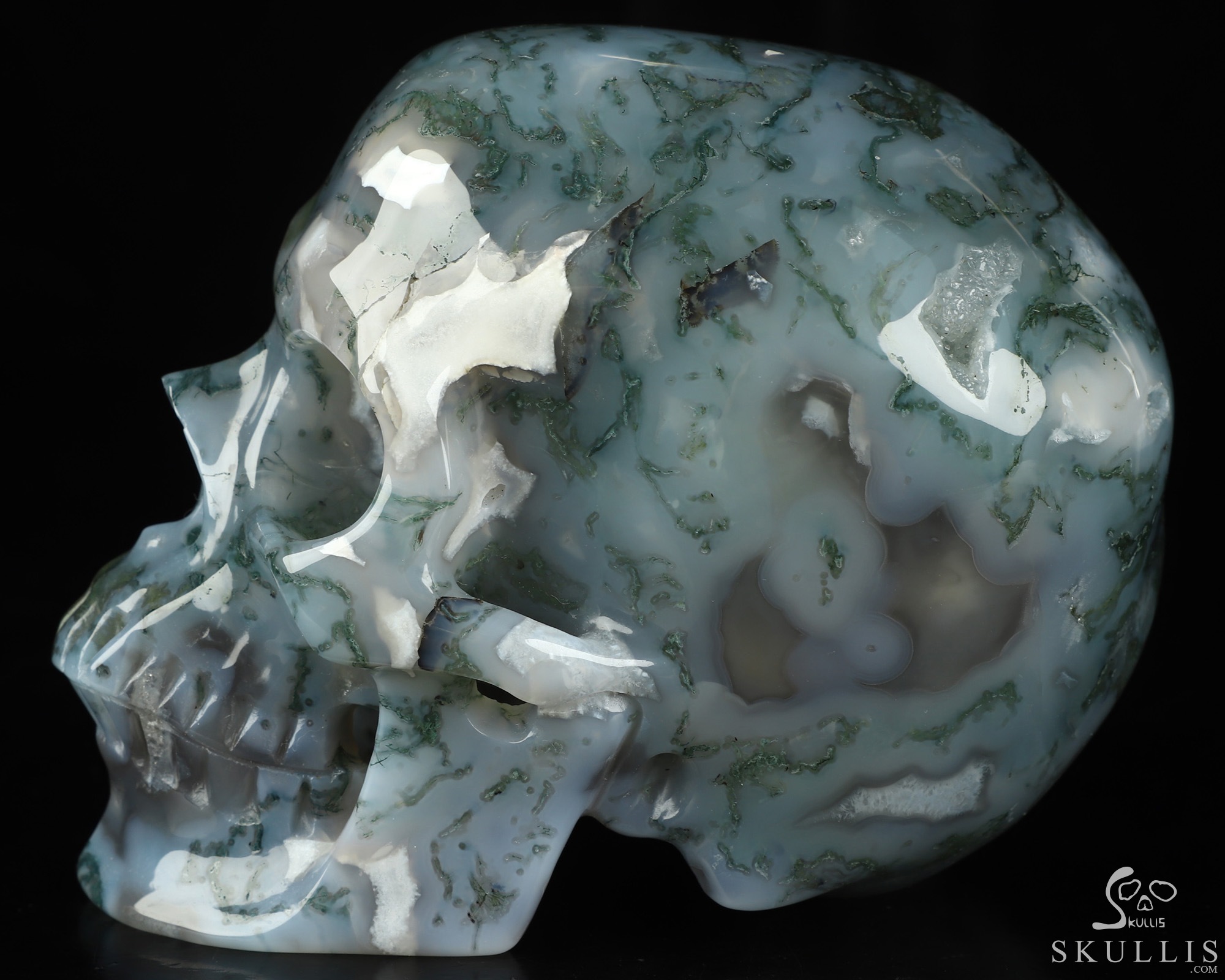 5.1" Green Moss Agate Hand Carved Crystal Skull, Super Realistic, Crystal Healing 5.1" Green Moss Agate Hand Carved Crystal Skull, Super Realistic, Crystal Healing