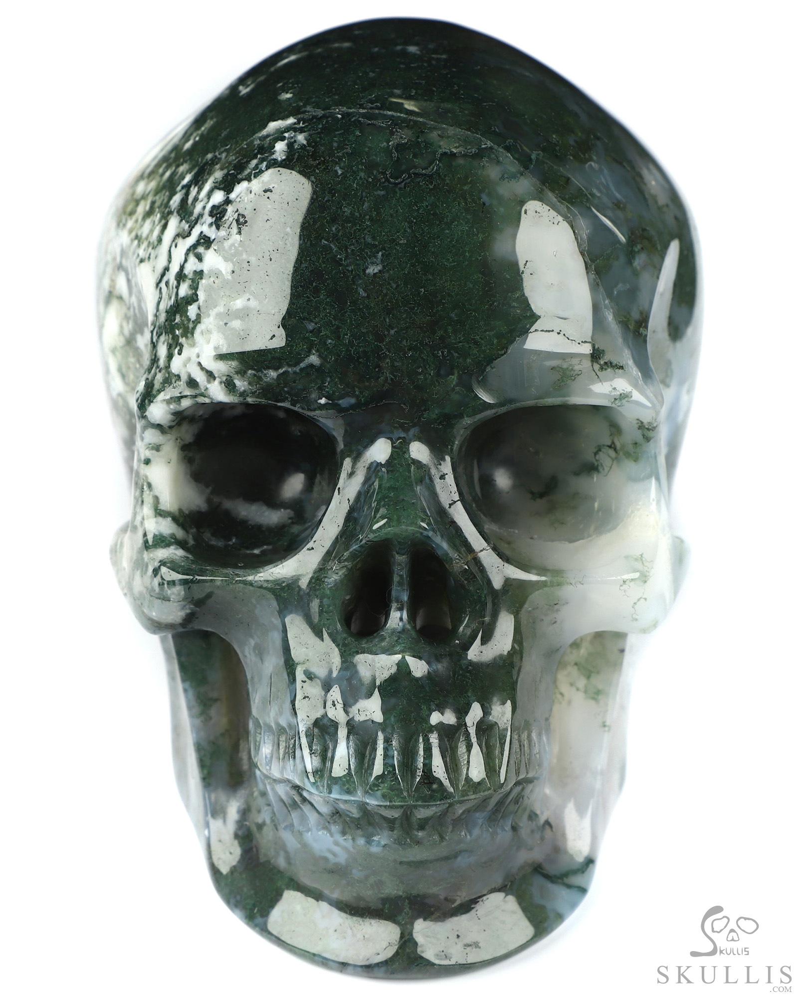 5.1" Green Moss Agate Hand Carved Crystal Skull, Super Realistic, Crystal Healing 5.1" Green Moss Agate Hand Carved Crystal Skull, Super Realistic, Crystal Healing