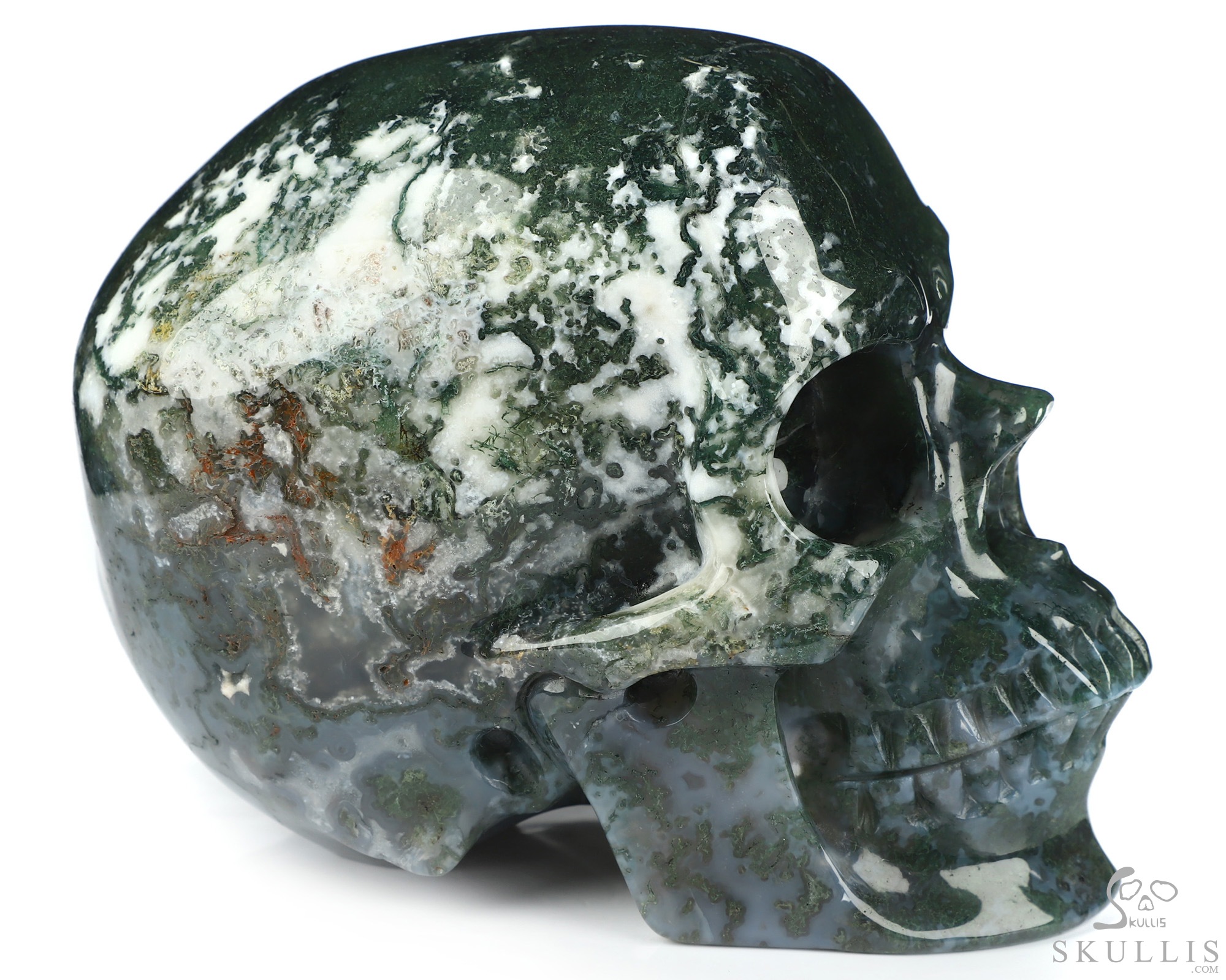 5.1" Green Moss Agate Hand Carved Crystal Skull, Super Realistic, Crystal Healing 5.1" Green Moss Agate Hand Carved Crystal Skull, Super Realistic, Crystal Healing