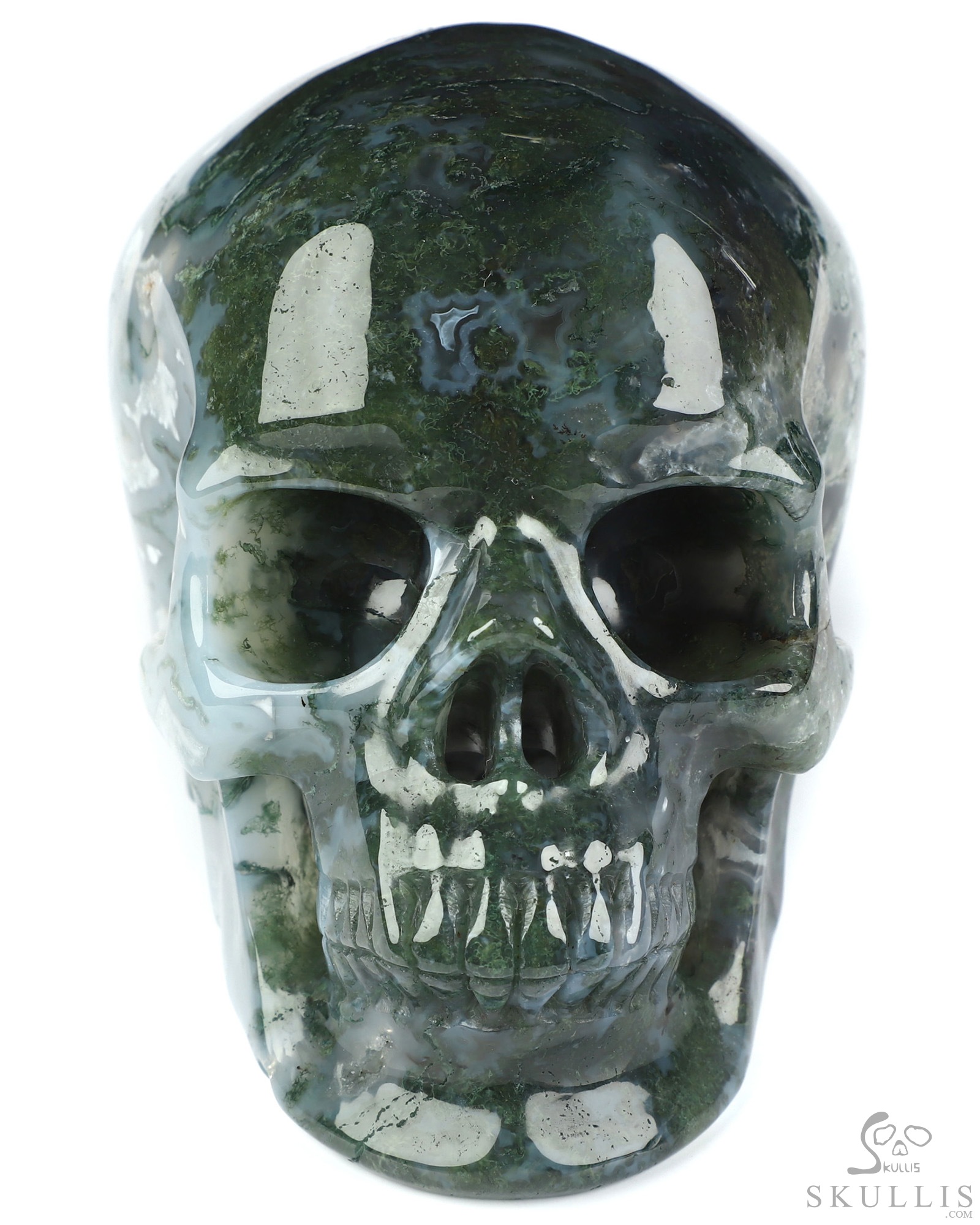 4.4" Green Moss Agate Hand Carved Crystal Skull, Super Realistic, Crystal Healing 4.4" Green Moss Agate Hand Carved Crystal Skull, Super Realistic, Crystal Healing