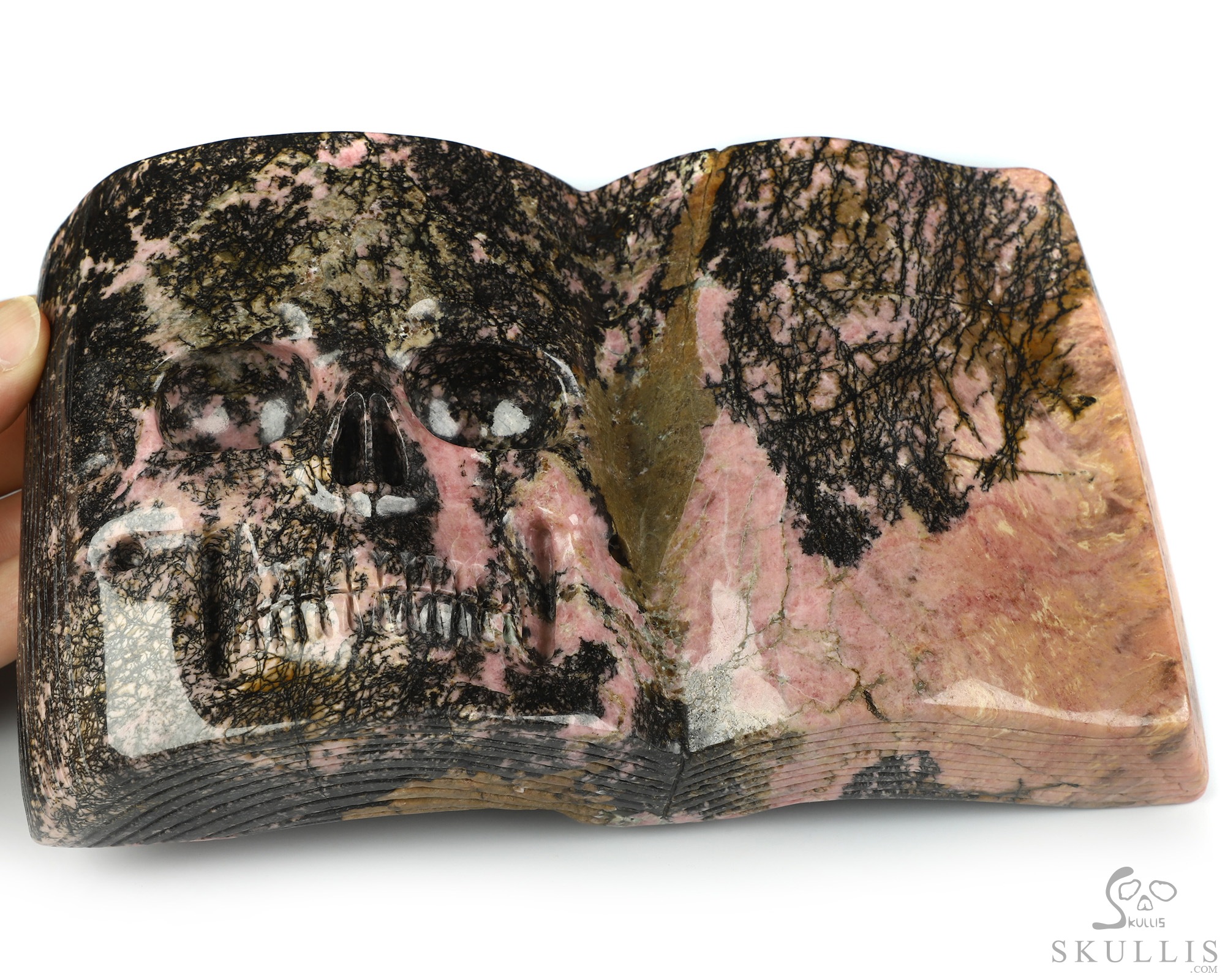 8.3" Pink & Black Rhodonite Hand Carved Crystal Skull Book Fine Art Sculpture, Crystal Healing 8.3" Pink & Black Rhodonite Hand Carved Crystal Skull Book Fine Art Sculpture, Crystal Healing