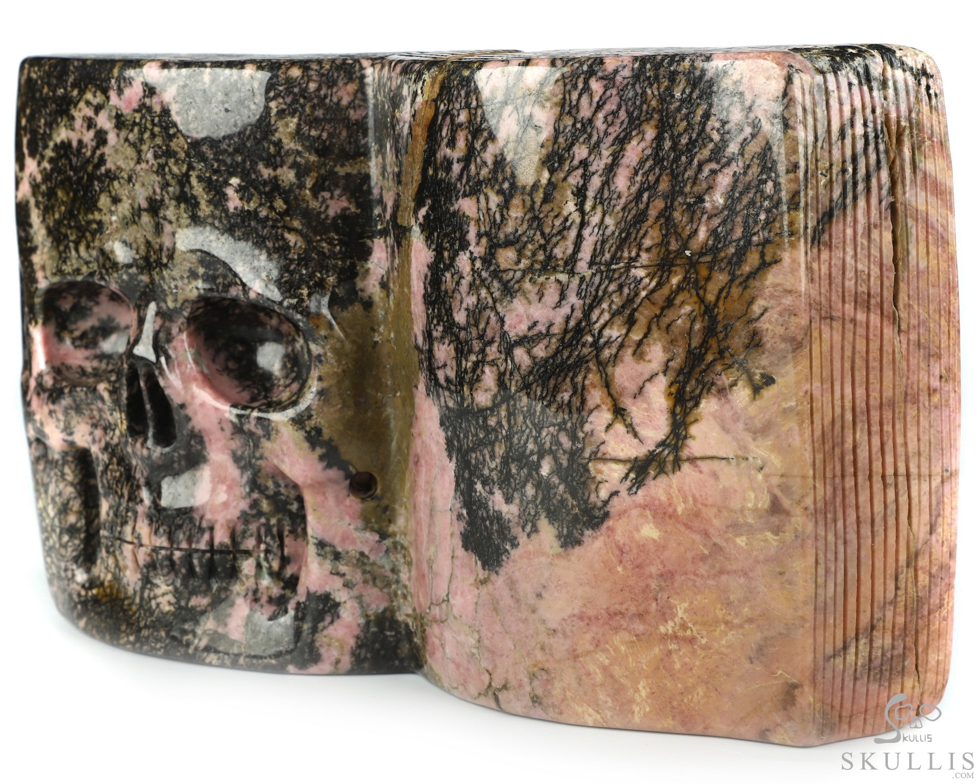 8.3" Pink & Black Rhodonite Hand Carved Crystal Skull Book Fine Art Sculpture, Crystal Healing 8.3" Pink & Black Rhodonite Hand Carved Crystal Skull Book Fine Art Sculpture, Crystal Healing