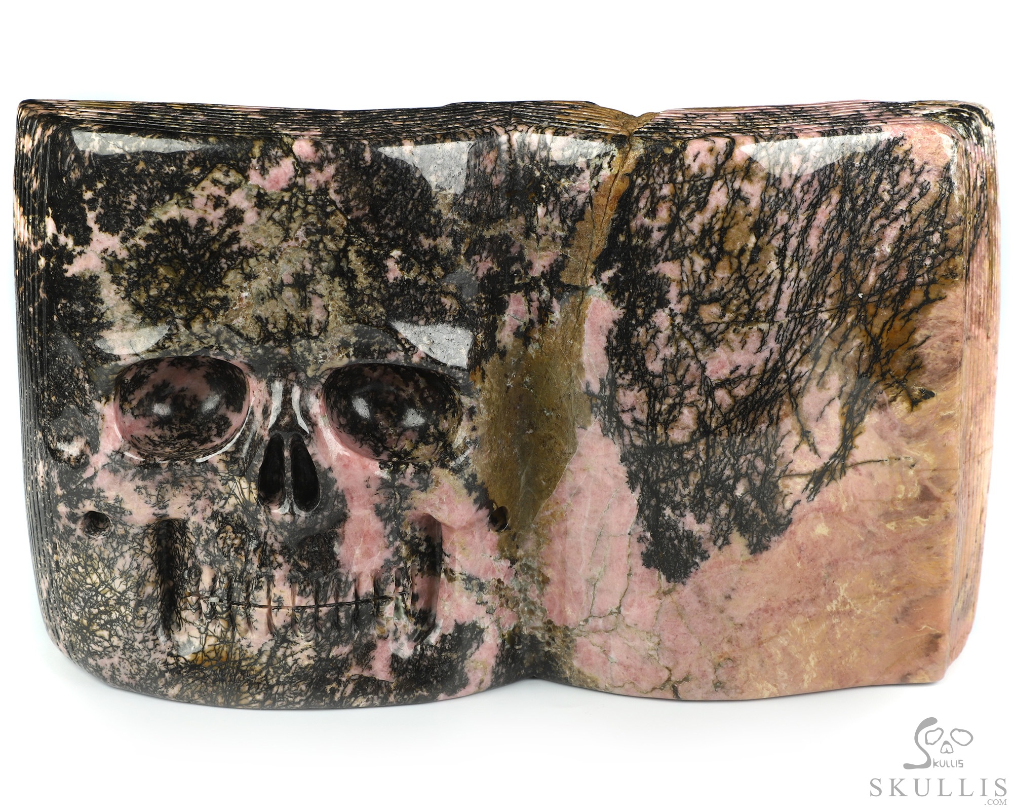 8.3" Pink & Black Rhodonite Hand Carved Crystal Skull Book Fine Art Sculpture, Crystal Healing 8.3" Pink & Black Rhodonite Hand Carved Crystal Skull Book Fine Art Sculpture, Crystal Healing