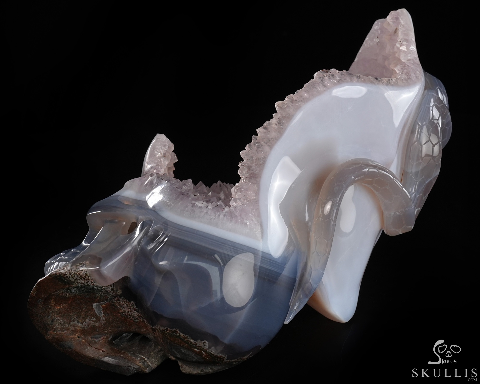 June 14, 2026 ACSAD (A Crystal Skull a Day) - The Violet Eclipse - 8.4" Carved Amethyst Geode Agate Crystal Skull with Snake Sculpture, Crystal Healing June 14, 2026 ACSAD (A Crystal Skull a Day) - The Violet Eclipse - 8.4" Carved Amethyst Geode Agate Crystal Skull with Snake Sculpture, Crystal Healing