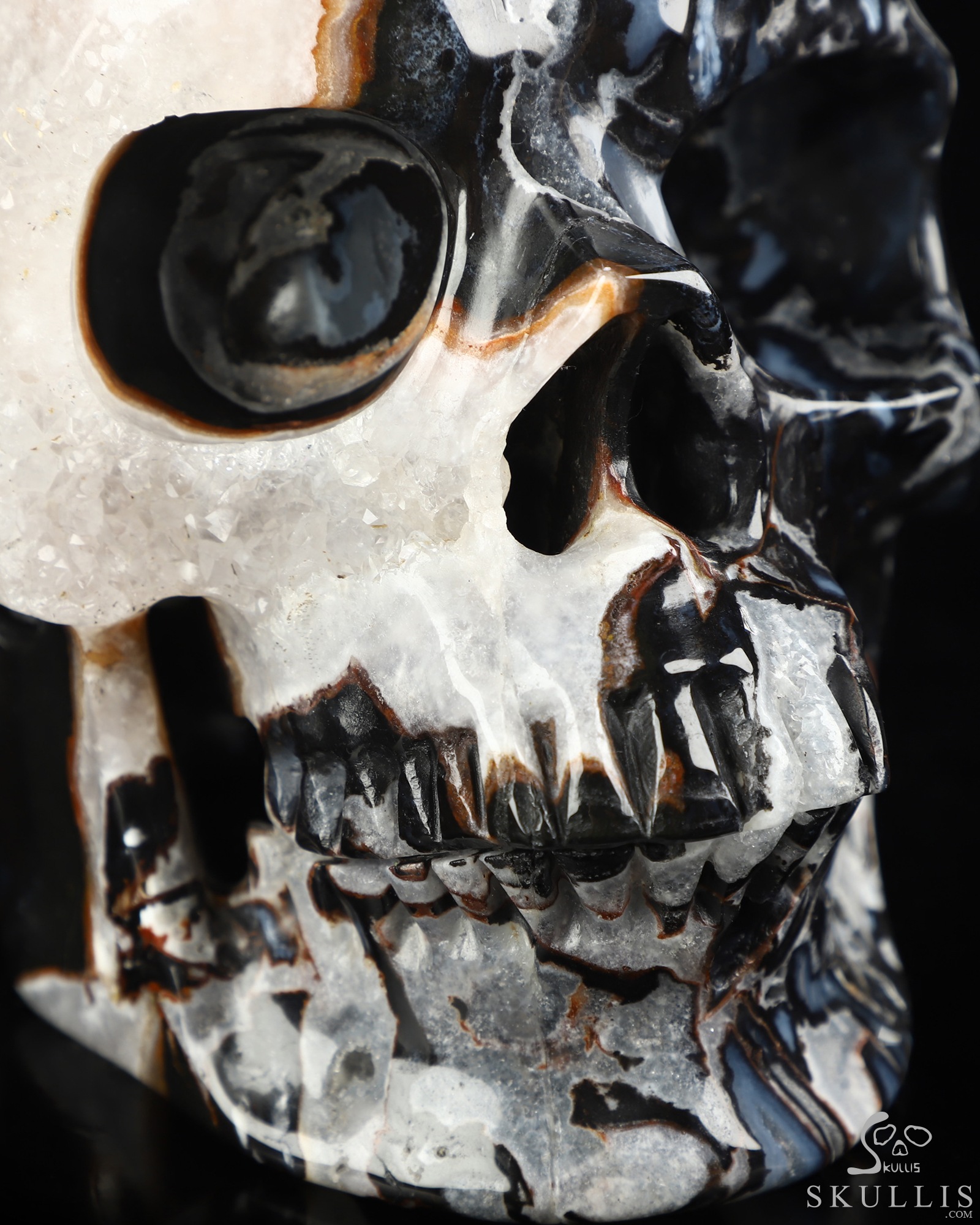 Lifesized 6.9" Black Zebra Agate Hand Carved Crystal Skull, Super Realistic, Crystal Healing Lifesized 6.9" Black Zebra Agate Hand Carved Crystal Skull, Super Realistic, Crystal Healing