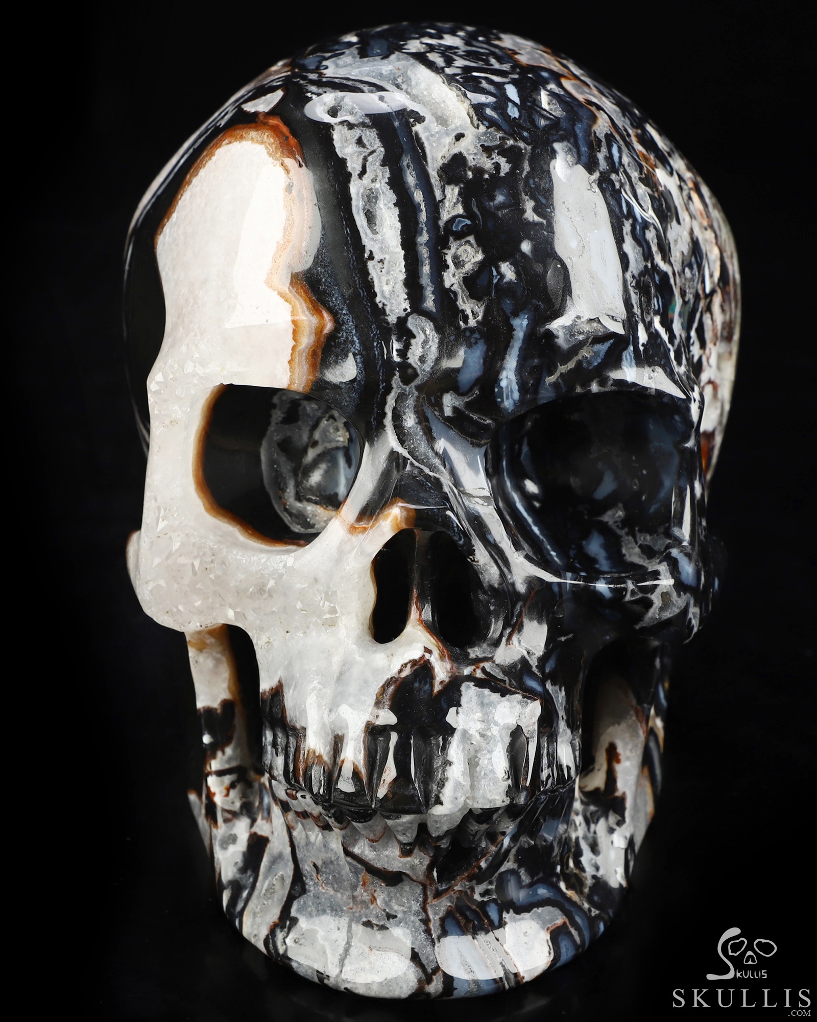 Lifesized 6.9" Black Zebra Agate Hand Carved Crystal Skull, Super Realistic, Crystal Healing Lifesized 6.9" Black Zebra Agate Hand Carved Crystal Skull, Super Realistic, Crystal Healing