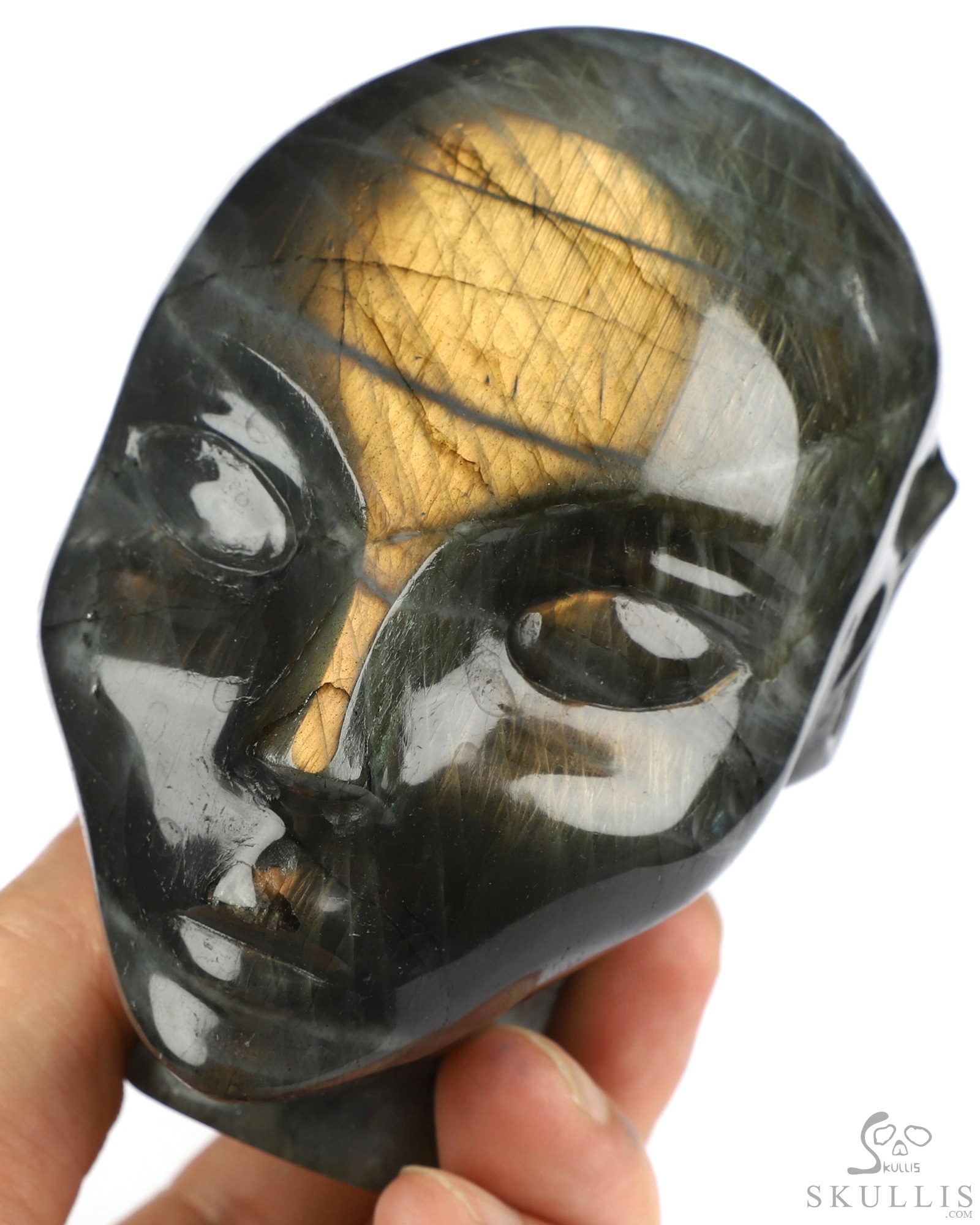 4.0" Labradorite Hand Carved Fairy Elf Alien Crystal Skull Companion Sculpture, Crystal Healing 4.0" Labradorite Hand Carved Fairy Elf Alien Crystal Skull Companion Sculpture, Crystal Healing