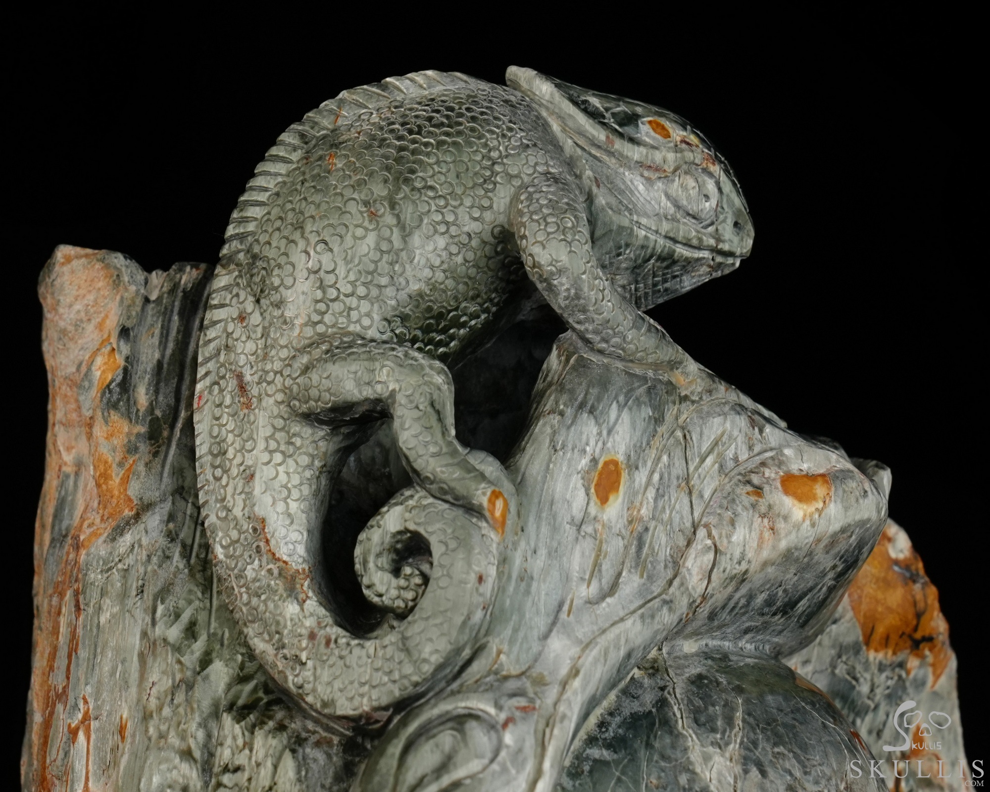 Until the Shadows Merge - 5.7" Carved Rare Hawk’s Eye Stone Chameleon and Skull Fine Art Sculpture, Crystal Healing Until the Shadows Merge - 5.7" Carved Rare Hawk’s Eye Stone Chameleon and Skull Fine Art Sculpture, Crystal Healing