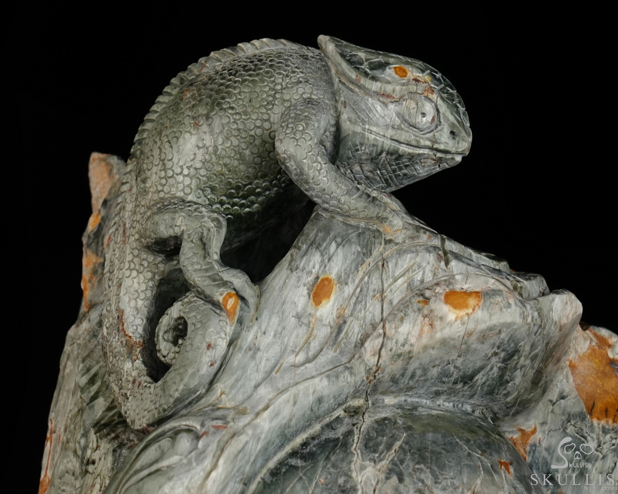 Until the Shadows Merge - 5.7" Carved Rare Hawk’s Eye Stone Chameleon and Skull Fine Art Sculpture, Crystal Healing Until the Shadows Merge - 5.7" Carved Rare Hawk’s Eye Stone Chameleon and Skull Fine Art Sculpture, Crystal Healing