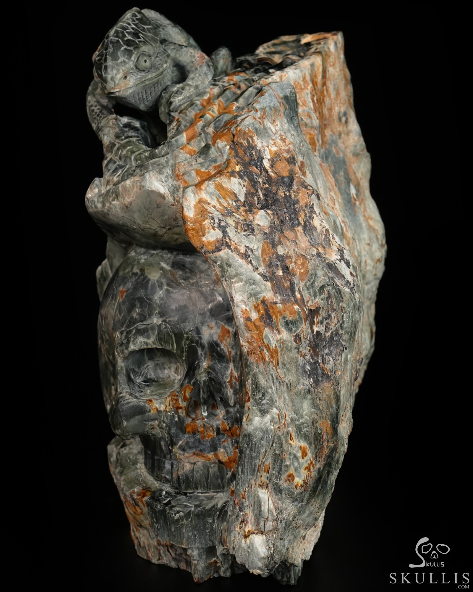 Until the Shadows Merge - 5.7" Carved Rare Hawk’s Eye Stone Chameleon and Skull Fine Art Sculpture, Crystal Healing Until the Shadows Merge - 5.7" Carved Rare Hawk’s Eye Stone Chameleon and Skull Fine Art Sculpture, Crystal Healing