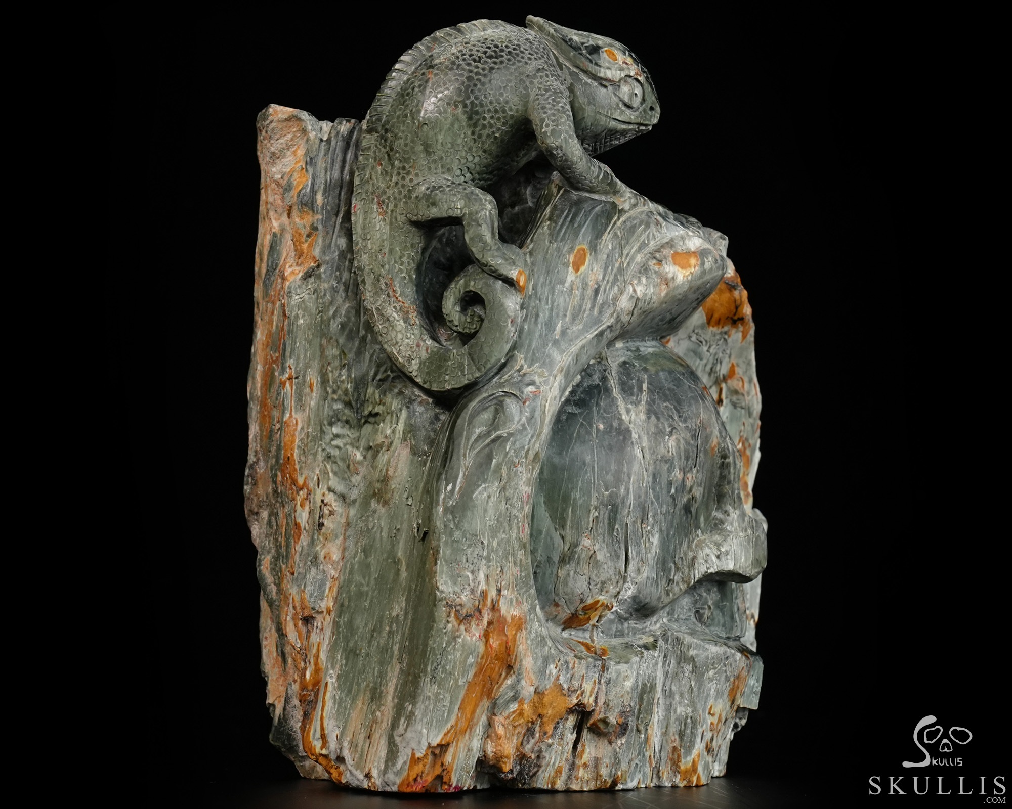 Until the Shadows Merge - 5.7" Carved Rare Hawk’s Eye Stone Chameleon and Skull Fine Art Sculpture, Crystal Healing Until the Shadows Merge - 5.7" Carved Rare Hawk’s Eye Stone Chameleon and Skull Fine Art Sculpture, Crystal Healing