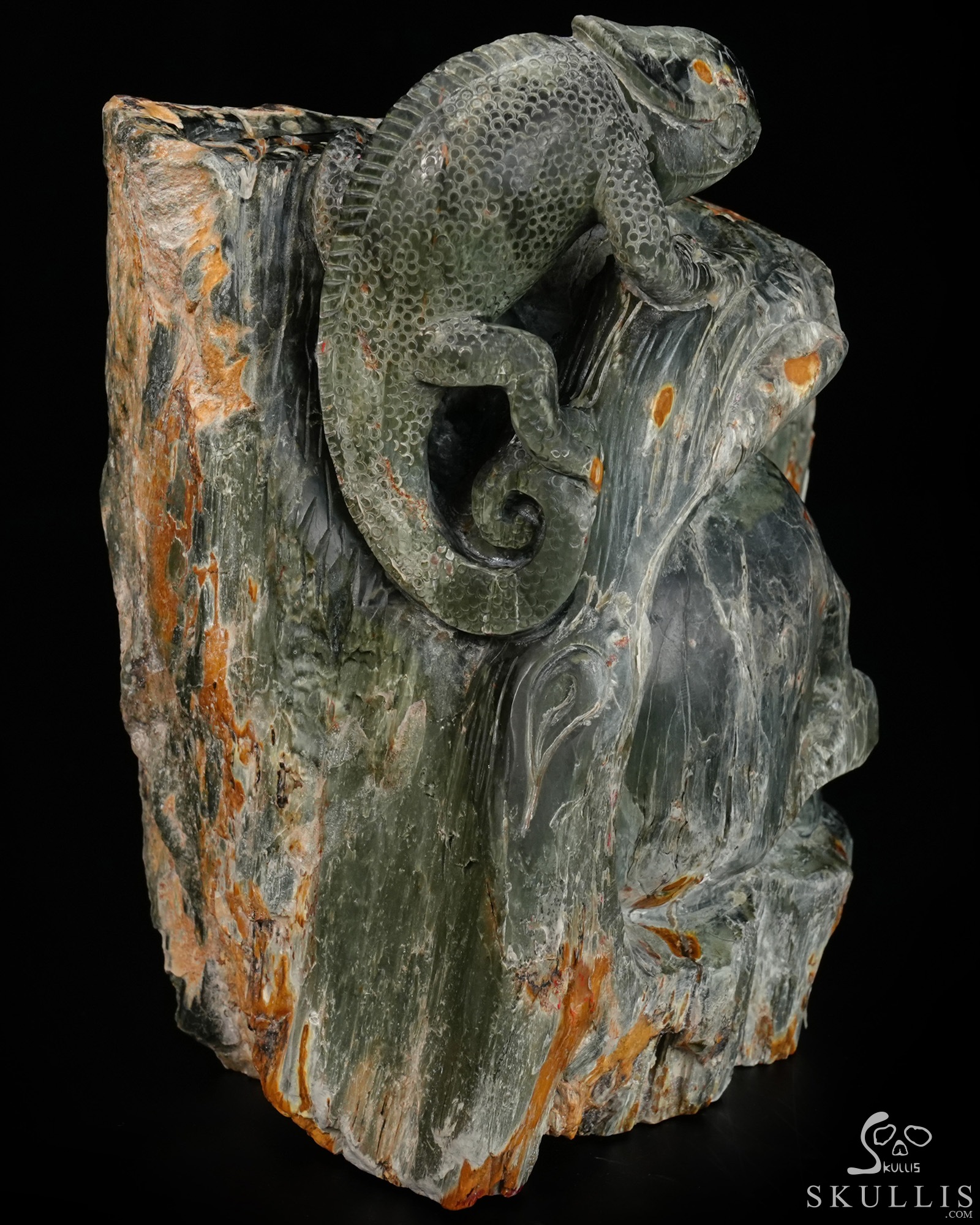 Until the Shadows Merge - 5.7" Carved Rare Hawk’s Eye Stone Chameleon and Skull Fine Art Sculpture, Crystal Healing Until the Shadows Merge - 5.7" Carved Rare Hawk’s Eye Stone Chameleon and Skull Fine Art Sculpture, Crystal Healing