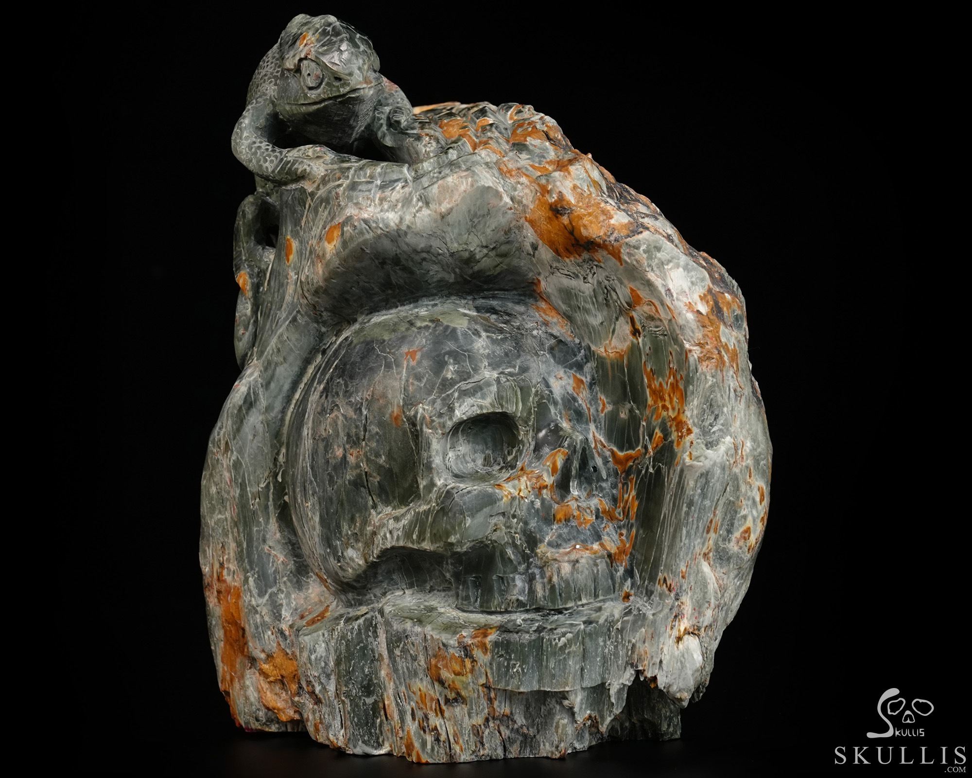 Until the Shadows Merge - 5.7" Carved Rare Hawk’s Eye Stone Chameleon and Skull Fine Art Sculpture, Crystal Healing Until the Shadows Merge - 5.7" Carved Rare Hawk’s Eye Stone Chameleon and Skull Fine Art Sculpture, Crystal Healing