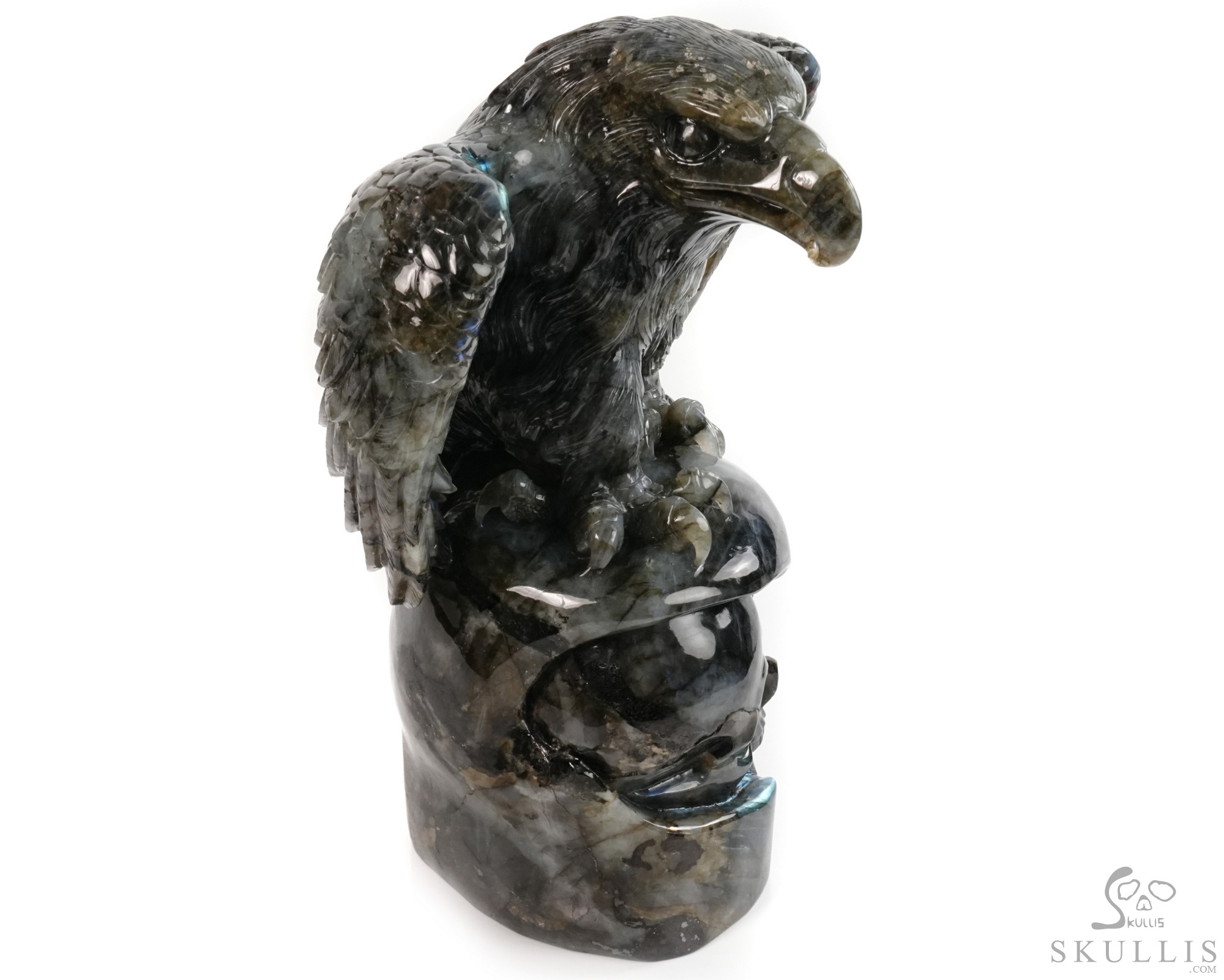 Against the Gathering Dark - 9.6" Carved Labradorite Eagle And Crystal Skull Fine Art Sculpture, Crystal Healing Against the Gathering Dark - 9.6" Carved Labradorite Eagle And Crystal Skull Fine Art Sculpture, Crystal Healing