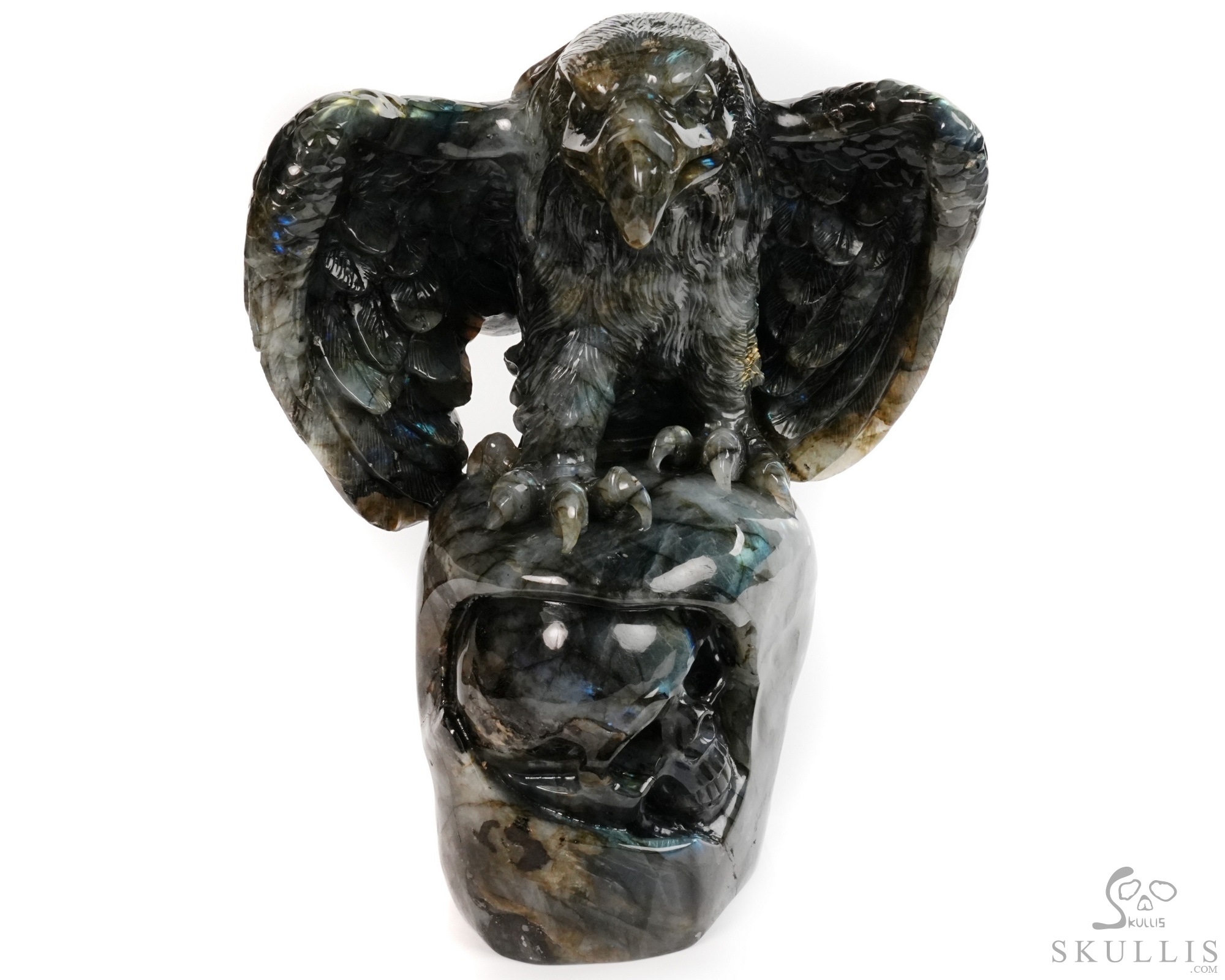 Against the Gathering Dark - 9.6" Carved Labradorite Eagle And Crystal Skull Fine Art Sculpture, Crystal Healing Against the Gathering Dark - 9.6" Carved Labradorite Eagle And Crystal Skull Fine Art Sculpture, Crystal Healing
