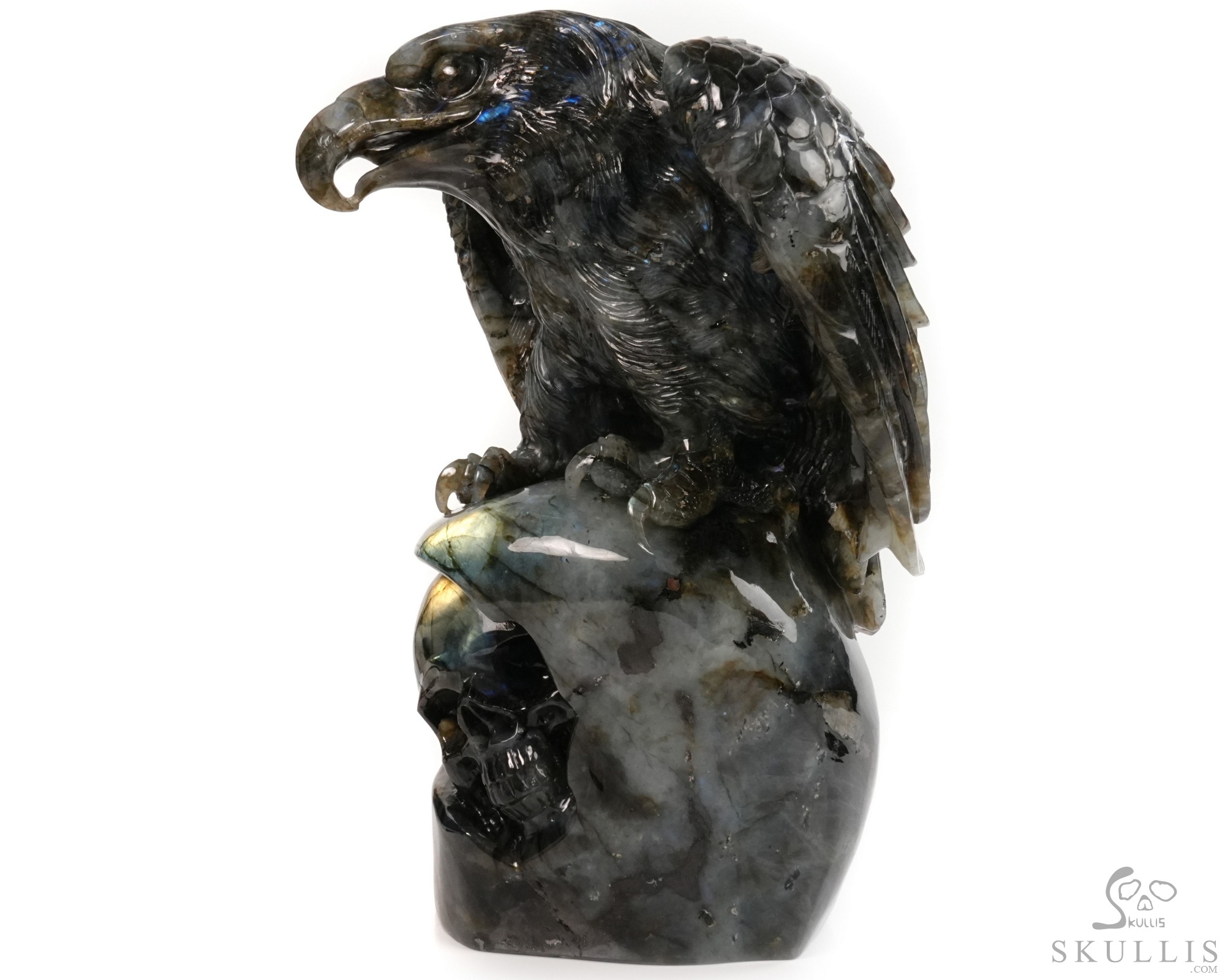 Against the Gathering Dark - 9.6" Carved Labradorite Eagle And Crystal Skull Fine Art Sculpture, Crystal Healing Against the Gathering Dark - 9.6" Carved Labradorite Eagle And Crystal Skull Fine Art Sculpture, Crystal Healing