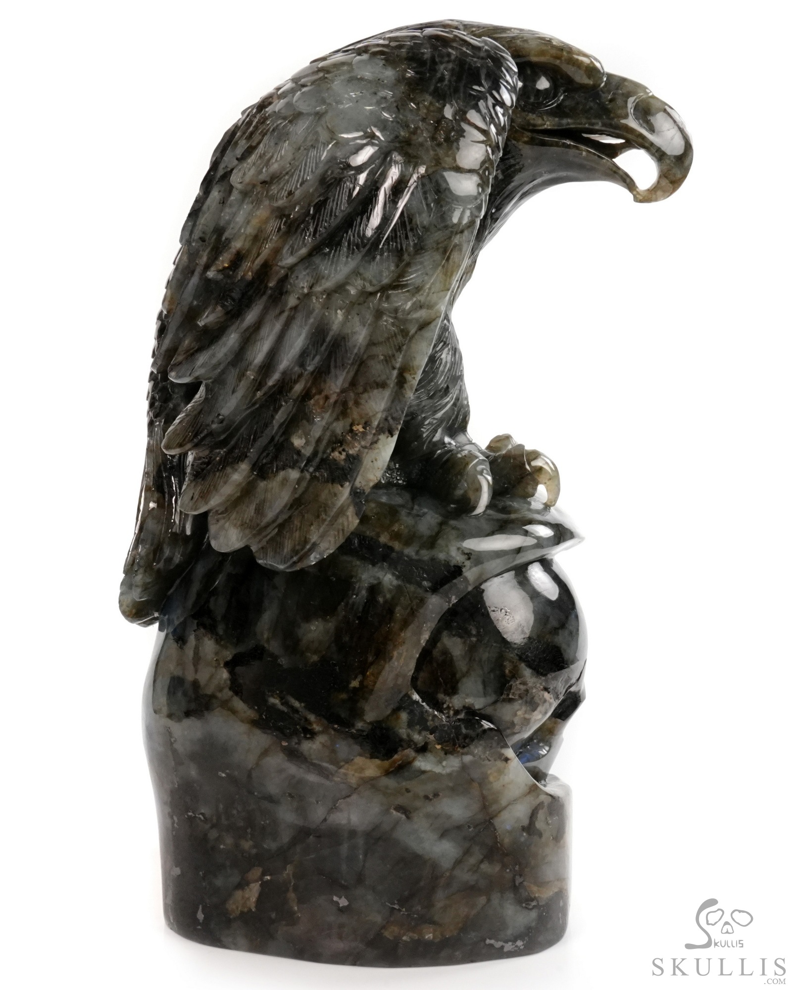 Against the Gathering Dark - 9.6" Carved Labradorite Eagle And Crystal Skull Fine Art Sculpture, Crystal Healing Against the Gathering Dark - 9.6" Carved Labradorite Eagle And Crystal Skull Fine Art Sculpture, Crystal Healing