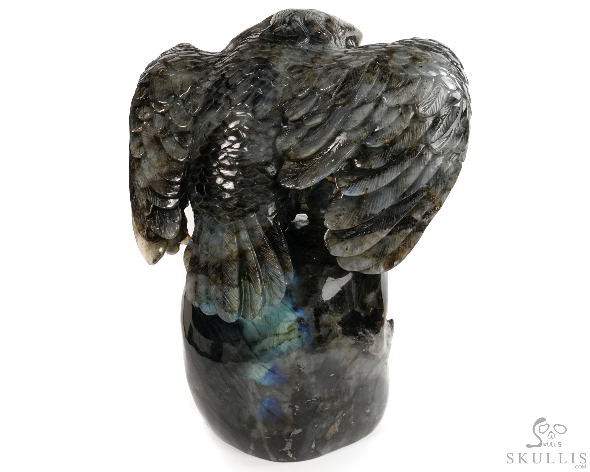 Against the Gathering Dark - 9.6" Carved Labradorite Eagle And Crystal Skull Fine Art Sculpture, Crystal Healing Against the Gathering Dark - 9.6" Carved Labradorite Eagle And Crystal Skull Fine Art Sculpture, Crystal Healing