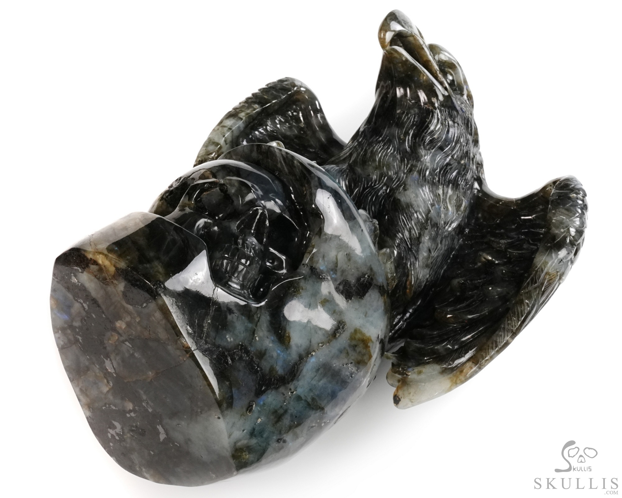 Against the Gathering Dark - 9.6" Carved Labradorite Eagle And Crystal Skull Fine Art Sculpture, Crystal Healing Against the Gathering Dark - 9.6" Carved Labradorite Eagle And Crystal Skull Fine Art Sculpture, Crystal Healing
