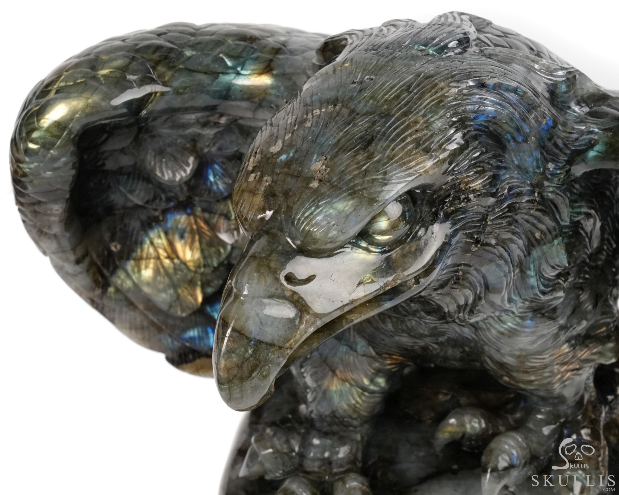 Against the Gathering Dark - 9.6" Carved Labradorite Eagle And Crystal Skull Fine Art Sculpture, Crystal Healing Against the Gathering Dark - 9.6" Carved Labradorite Eagle And Crystal Skull Fine Art Sculpture, Crystal Healing