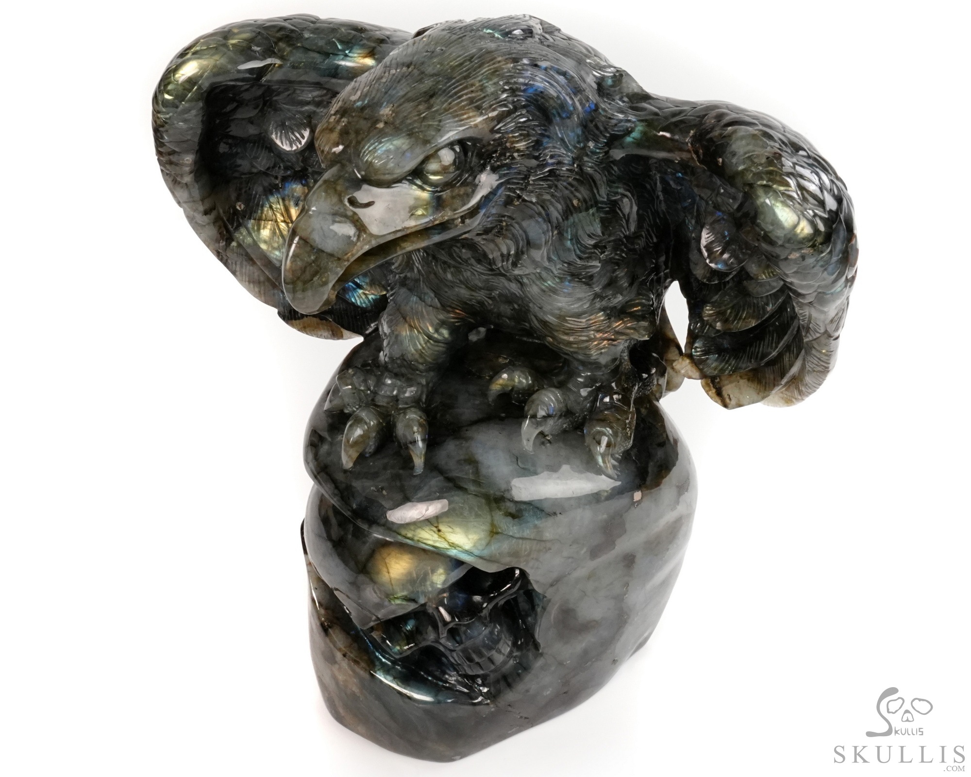 Against the Gathering Dark - 9.6" Carved Labradorite Eagle And Crystal Skull Fine Art Sculpture, Crystal Healing Against the Gathering Dark - 9.6" Carved Labradorite Eagle And Crystal Skull Fine Art Sculpture, Crystal Healing