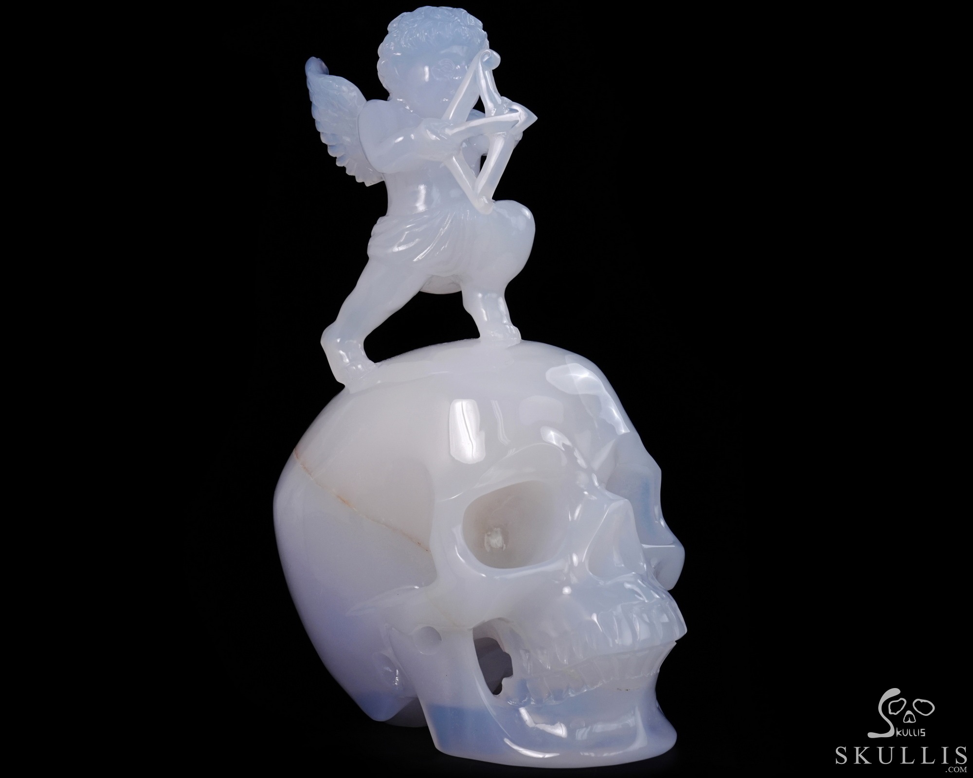 June 4, 2026 ACSAD (A Crystal Skull a Day) - Aiming for Forever - 6.4" Blue Chalcedony Hand Carved Cupid on Crystal Skull Fine Art Sculpture, Crystal Healing June 4, 2026 ACSAD (A Crystal Skull a Day) - Aiming for Forever - 6.4" Blue Chalcedony Hand Carved Cupid on Crystal Skull Fine Art Sculpture, Crystal Healing