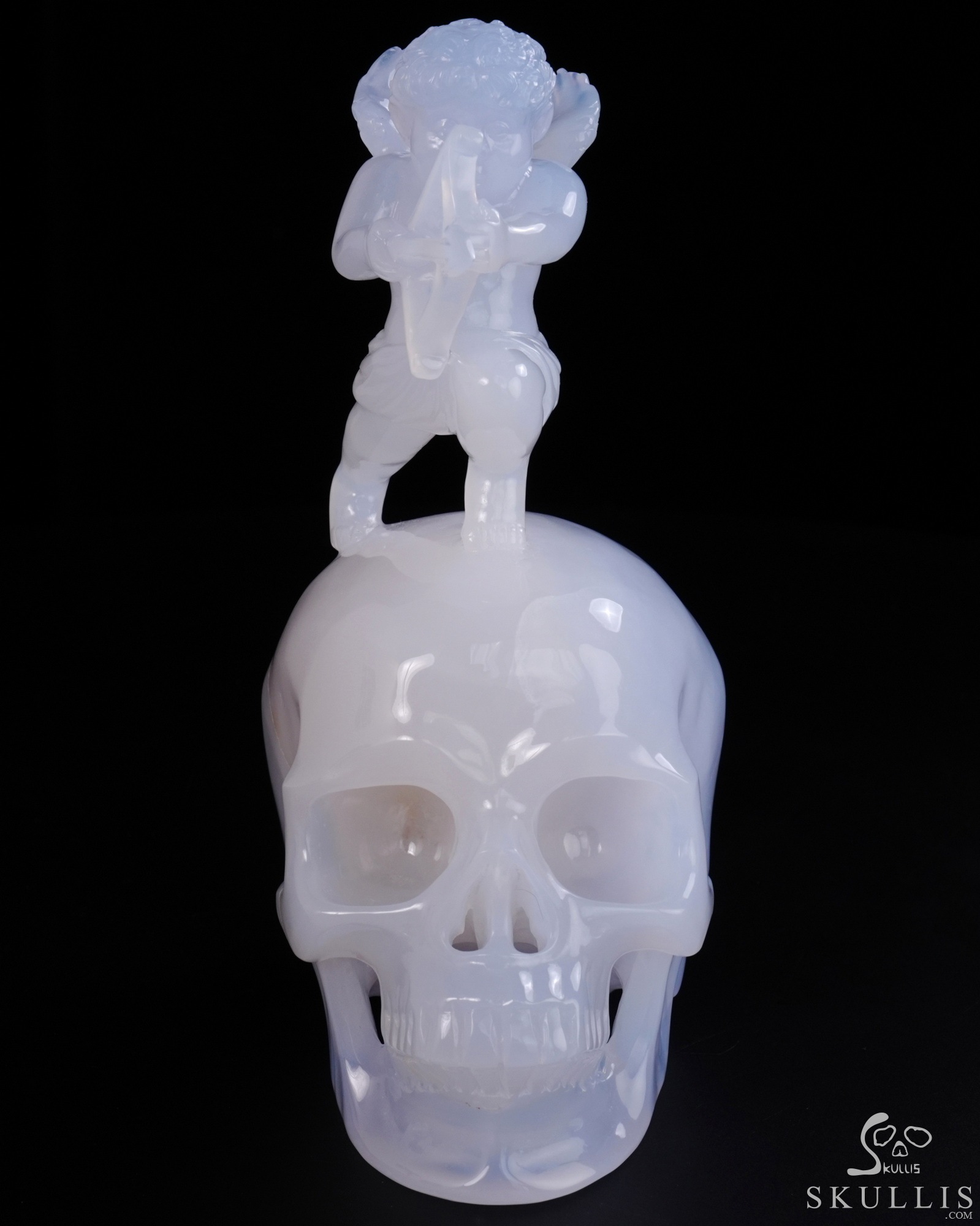 June 4, 2026 ACSAD (A Crystal Skull a Day) - Aiming for Forever - 6.4" Blue Chalcedony Hand Carved Cupid on Crystal Skull Fine Art Sculpture, Crystal Healing June 4, 2026 ACSAD (A Crystal Skull a Day) - Aiming for Forever - 6.4" Blue Chalcedony Hand Carved Cupid on Crystal Skull Fine Art Sculpture, Crystal Healing