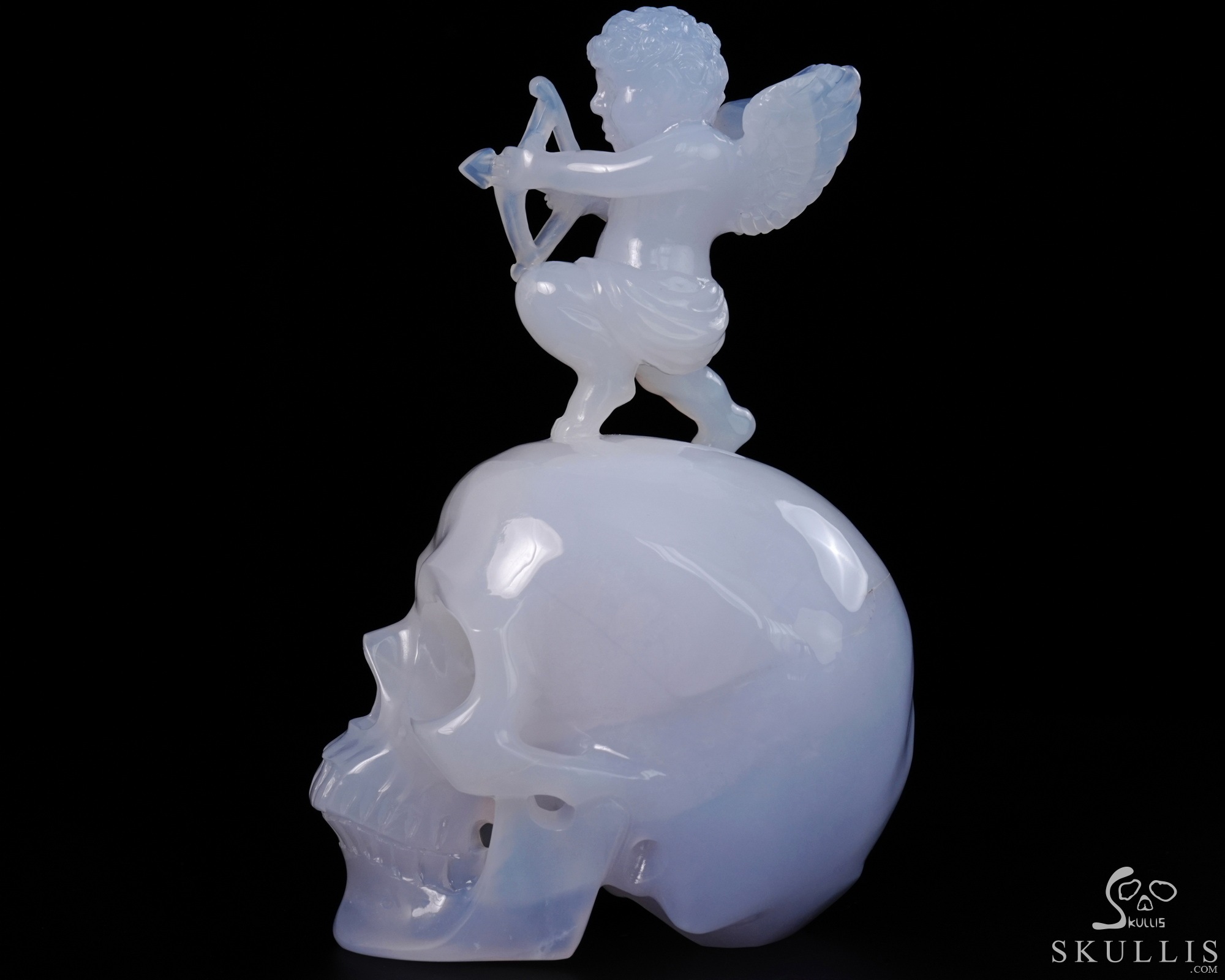 June 4, 2026 ACSAD (A Crystal Skull a Day) - Aiming for Forever - 6.4" Blue Chalcedony Hand Carved Cupid on Crystal Skull Fine Art Sculpture, Crystal Healing June 4, 2026 ACSAD (A Crystal Skull a Day) - Aiming for Forever - 6.4" Blue Chalcedony Hand Carved Cupid on Crystal Skull Fine Art Sculpture, Crystal Healing