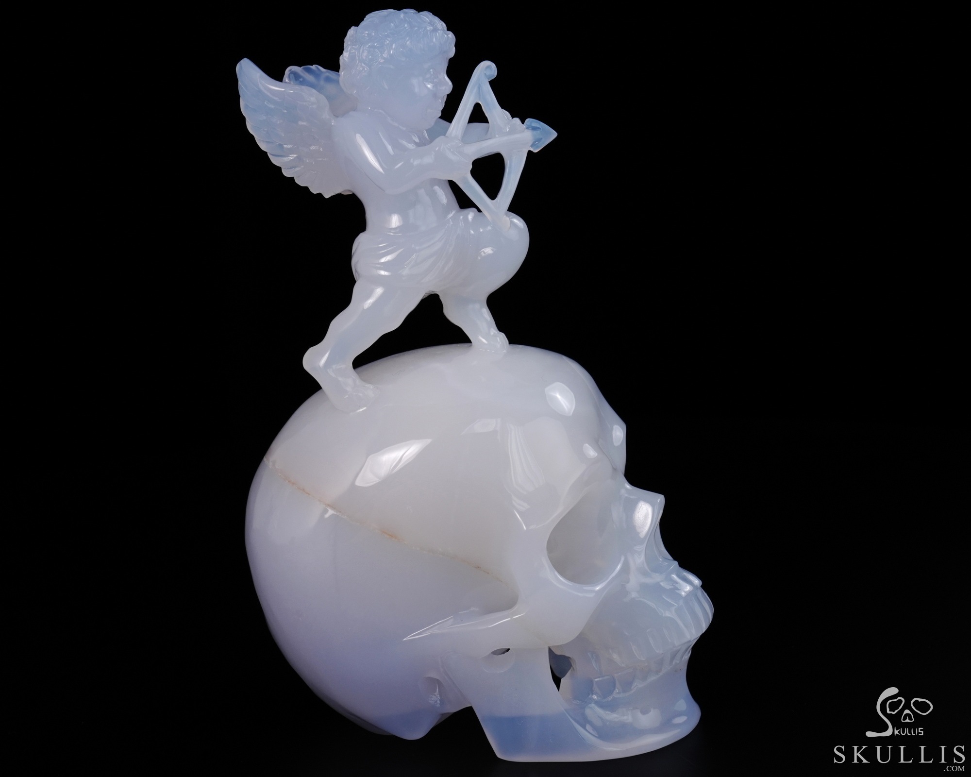 June 4, 2026 ACSAD (A Crystal Skull a Day) - Aiming for Forever - 6.4" Blue Chalcedony Hand Carved Cupid on Crystal Skull Fine Art Sculpture, Crystal Healing June 4, 2026 ACSAD (A Crystal Skull a Day) - Aiming for Forever - 6.4" Blue Chalcedony Hand Carved Cupid on Crystal Skull Fine Art Sculpture, Crystal Healing