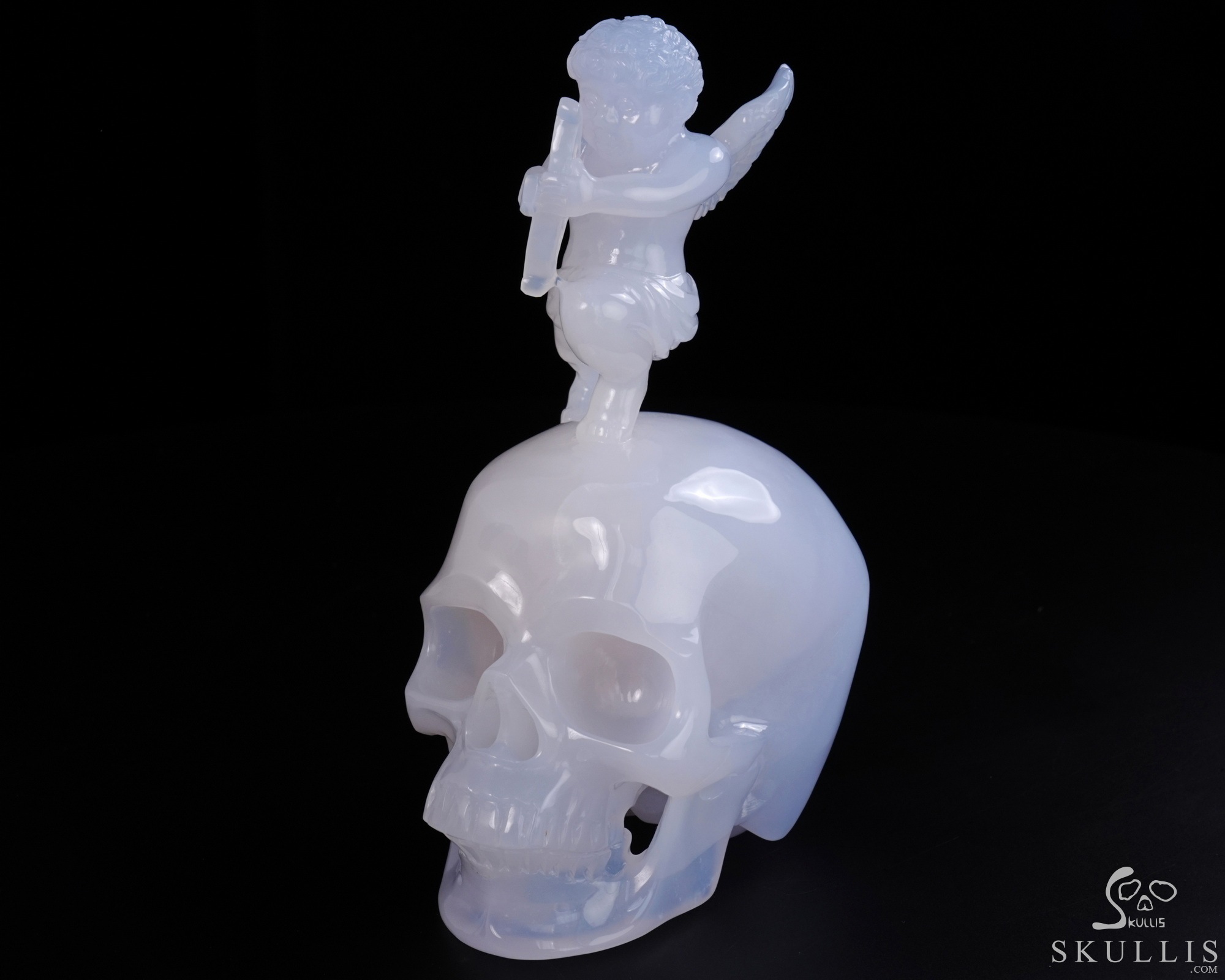 June 4, 2026 ACSAD (A Crystal Skull a Day) - Aiming for Forever - 6.4" Blue Chalcedony Hand Carved Cupid on Crystal Skull Fine Art Sculpture, Crystal Healing June 4, 2026 ACSAD (A Crystal Skull a Day) - Aiming for Forever - 6.4" Blue Chalcedony Hand Carved Cupid on Crystal Skull Fine Art Sculpture, Crystal Healing