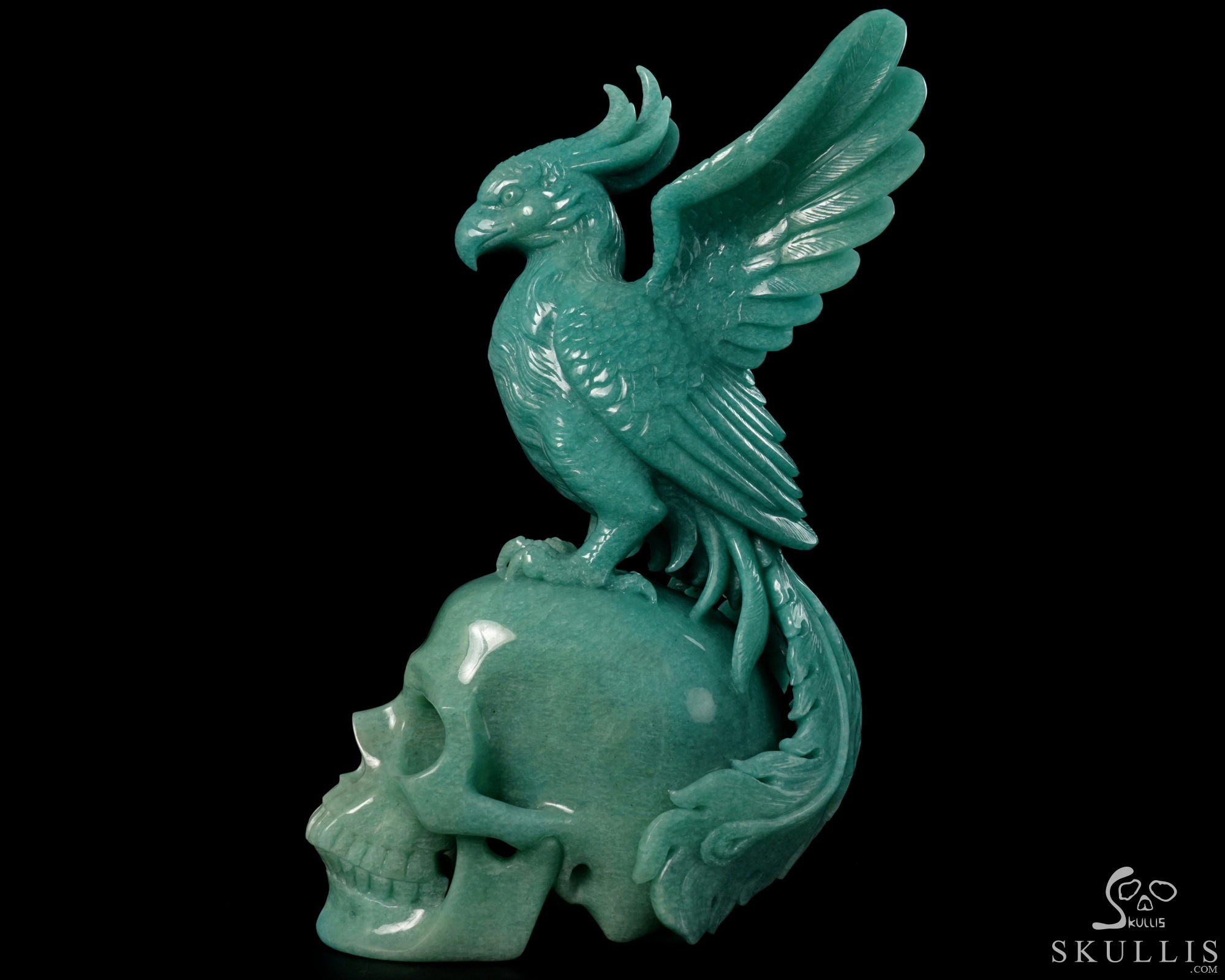 June 7, 2026 ACSAD (A Crystal Skull a Day) - The Unfading Wing - 10.0" Carved Madagascar Amazonite Phoenix on Crystal Skull Sculpture, Crystal Healing June 7, 2026 ACSAD (A Crystal Skull a Day) - The Unfading Wing - 10.0" Carved Madagascar Amazonite Phoenix on Crystal Skull Sculpture, Crystal Healing