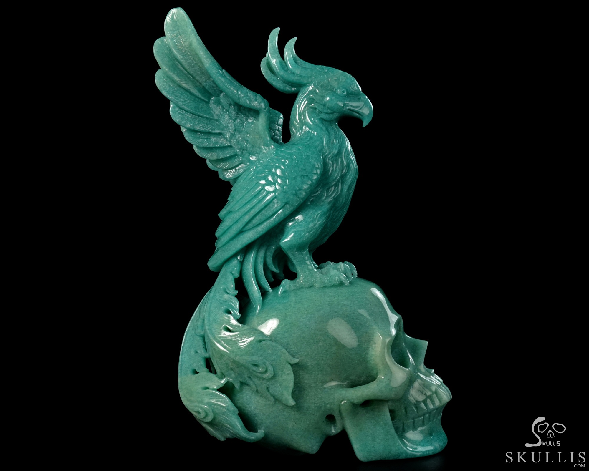 June 7, 2026 ACSAD (A Crystal Skull a Day) - The Unfading Wing - 10.0" Carved Madagascar Amazonite Phoenix on Crystal Skull Sculpture, Crystal Healing June 7, 2026 ACSAD (A Crystal Skull a Day) - The Unfading Wing - 10.0" Carved Madagascar Amazonite Phoenix on Crystal Skull Sculpture, Crystal Healing