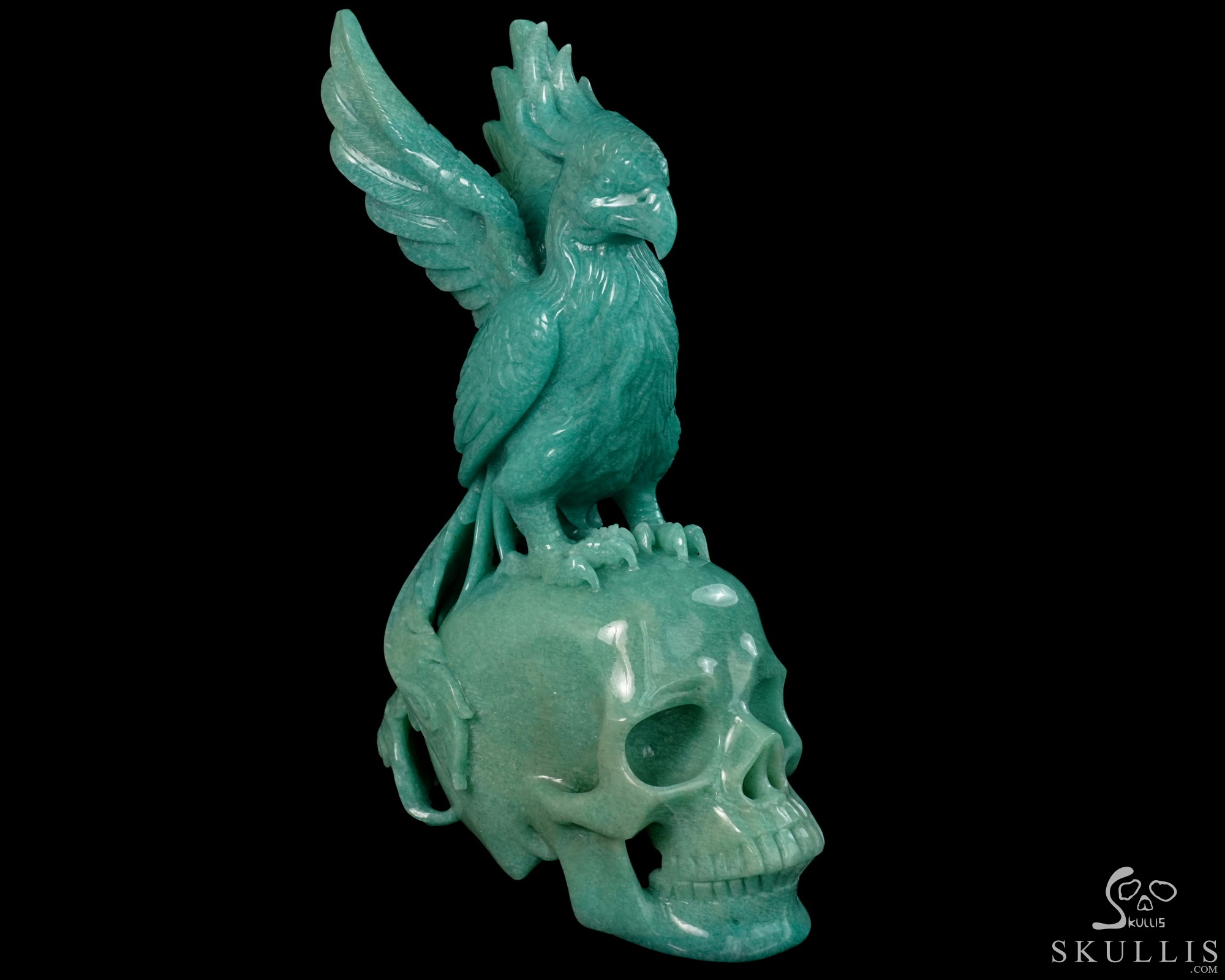 June 7, 2026 ACSAD (A Crystal Skull a Day) - The Unfading Wing - 10.0" Carved Madagascar Amazonite Phoenix on Crystal Skull Sculpture, Crystal Healing June 7, 2026 ACSAD (A Crystal Skull a Day) - The Unfading Wing - 10.0" Carved Madagascar Amazonite Phoenix on Crystal Skull Sculpture, Crystal Healing