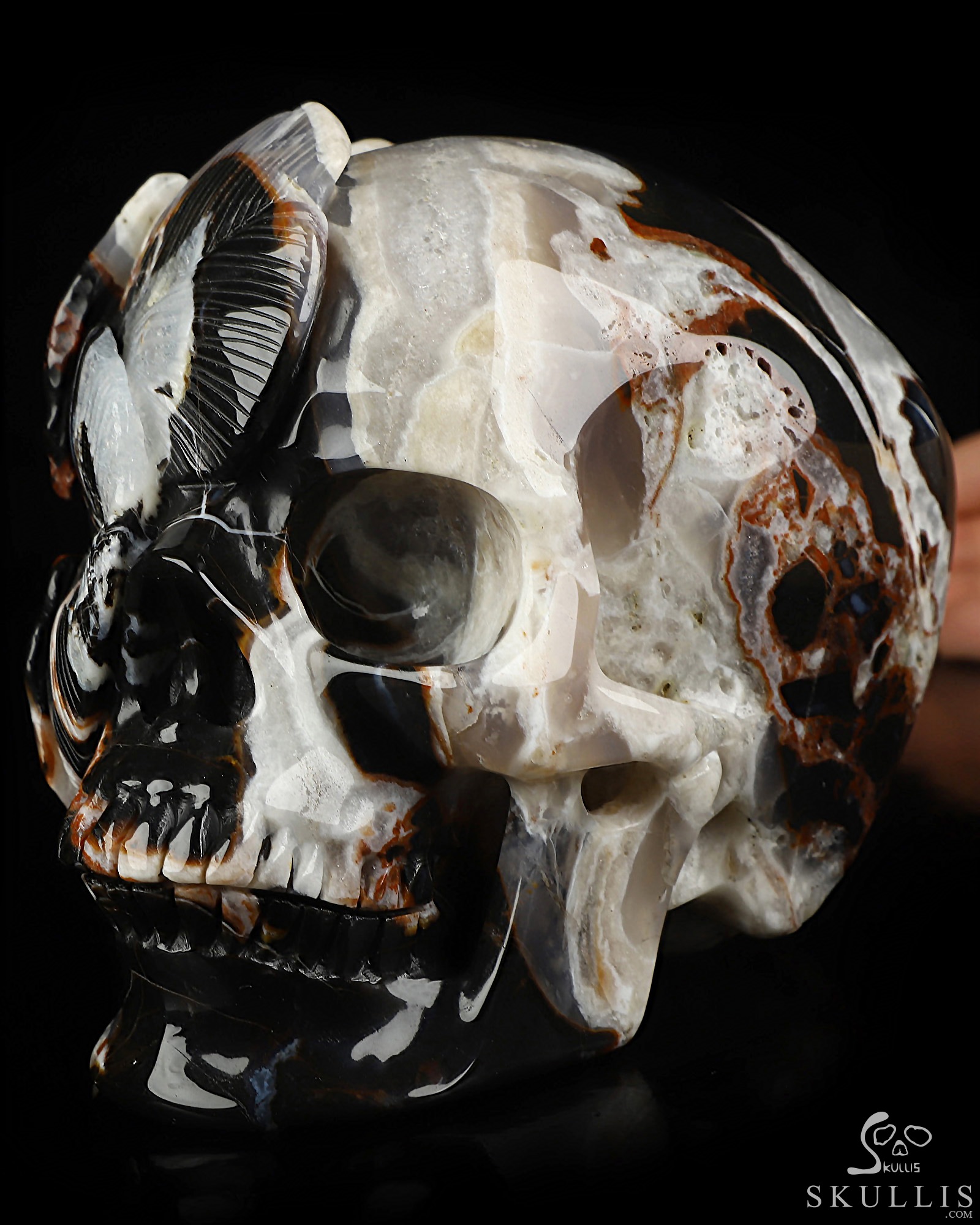 5.9" Black Zebra Agate Hand Carved Crystal Skull and Flower Fine Art Sculpture, Crystal Healing 5.9" Black Zebra Agate Hand Carved Crystal Skull and Flower Fine Art Sculpture, Crystal Healing