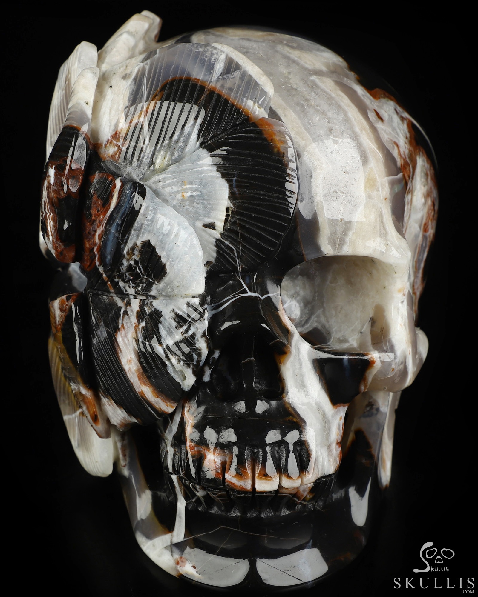 5.9" Black Zebra Agate Hand Carved Crystal Skull and Flower Fine Art Sculpture, Crystal Healing 5.9" Black Zebra Agate Hand Carved Crystal Skull and Flower Fine Art Sculpture, Crystal Healing