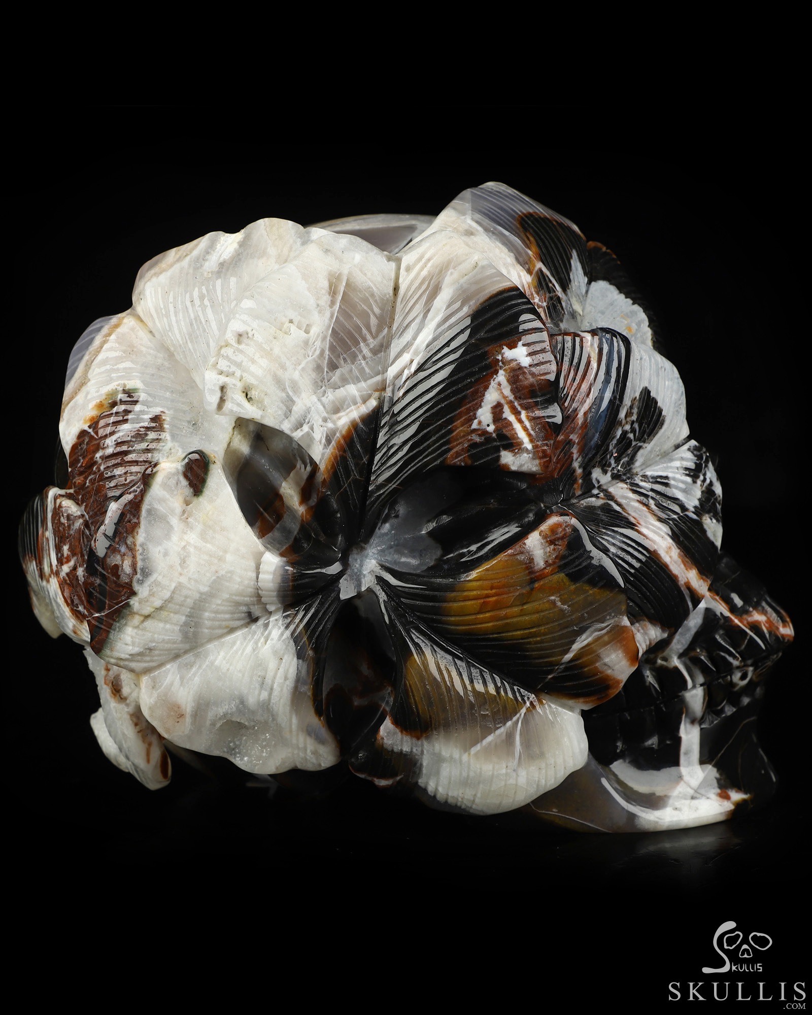5.9" Black Zebra Agate Hand Carved Crystal Skull and Flower Fine Art Sculpture, Crystal Healing 5.9" Black Zebra Agate Hand Carved Crystal Skull and Flower Fine Art Sculpture, Crystal Healing